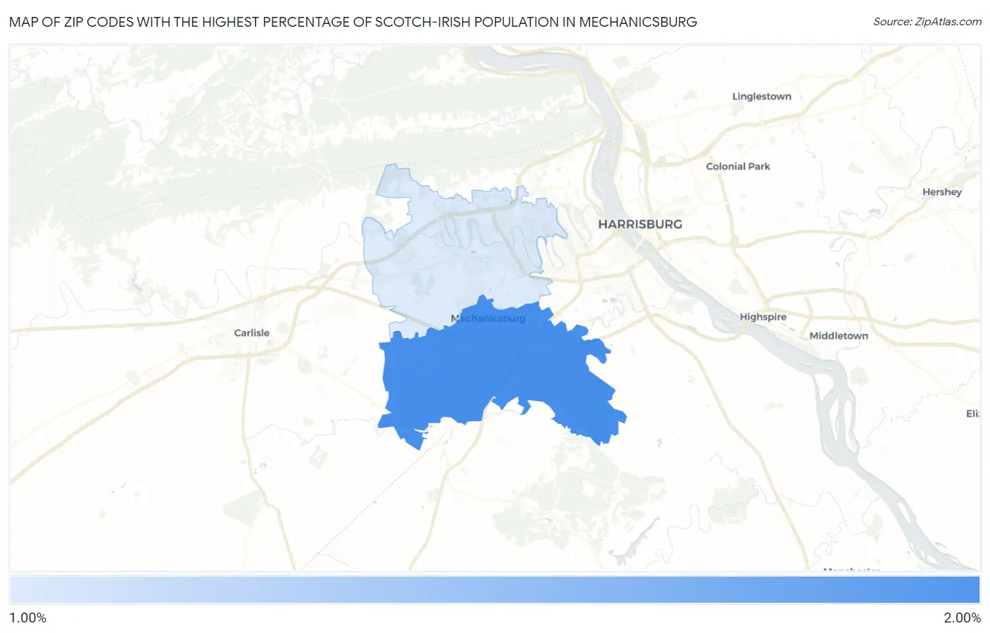 Zip Codes with the Highest Percentage of Scotch-Irish Population in Mechanicsburg Map