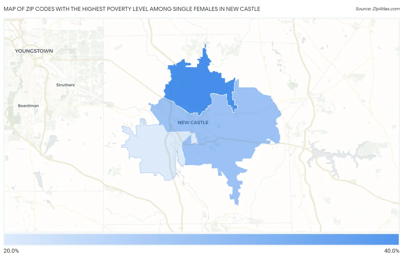 Zip Codes with the Highest Poverty Level Among Single Females in New Castle Map