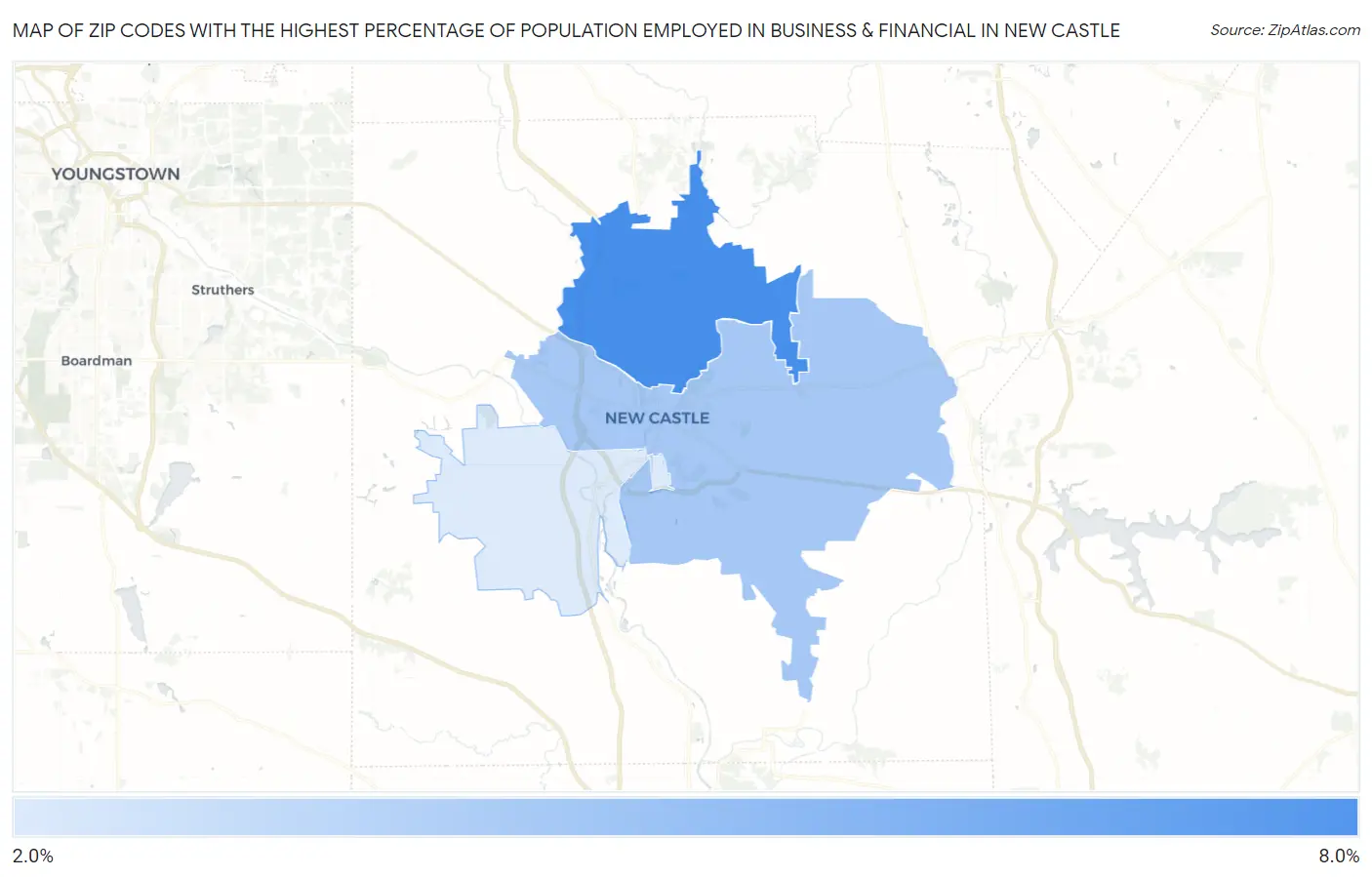 Zip Codes with the Highest Percentage of Population Employed in Business & Financial in New Castle Map