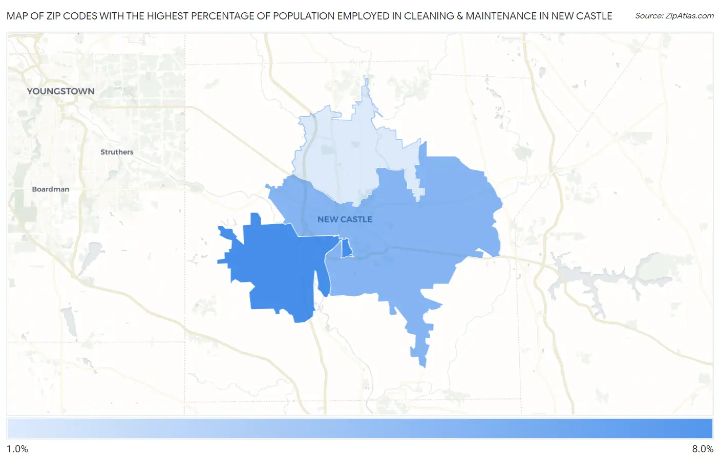 Zip Codes with the Highest Percentage of Population Employed in Cleaning & Maintenance in New Castle Map