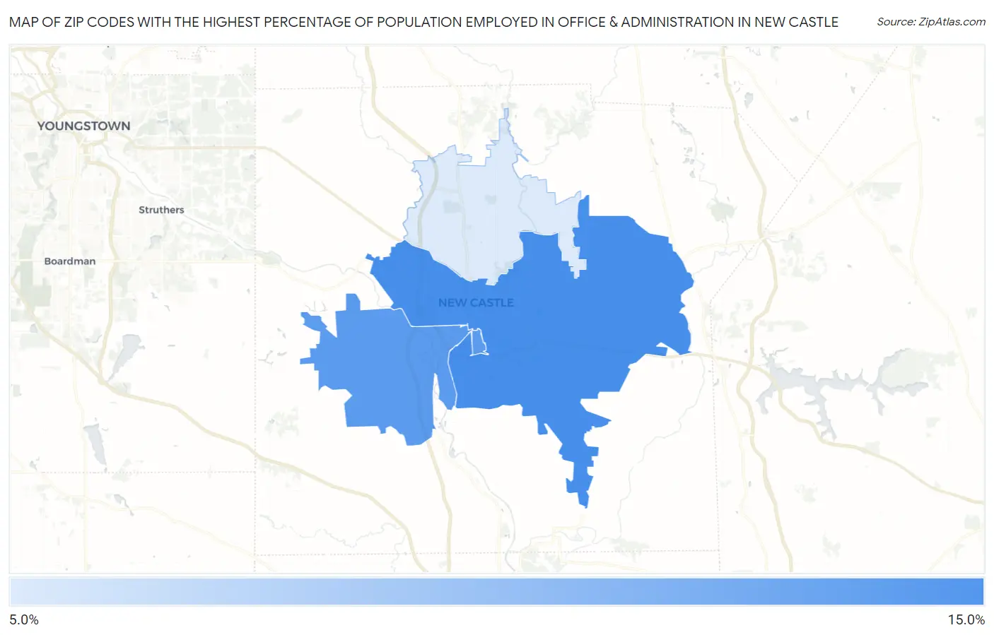 Zip Codes with the Highest Percentage of Population Employed in Office & Administration in New Castle Map