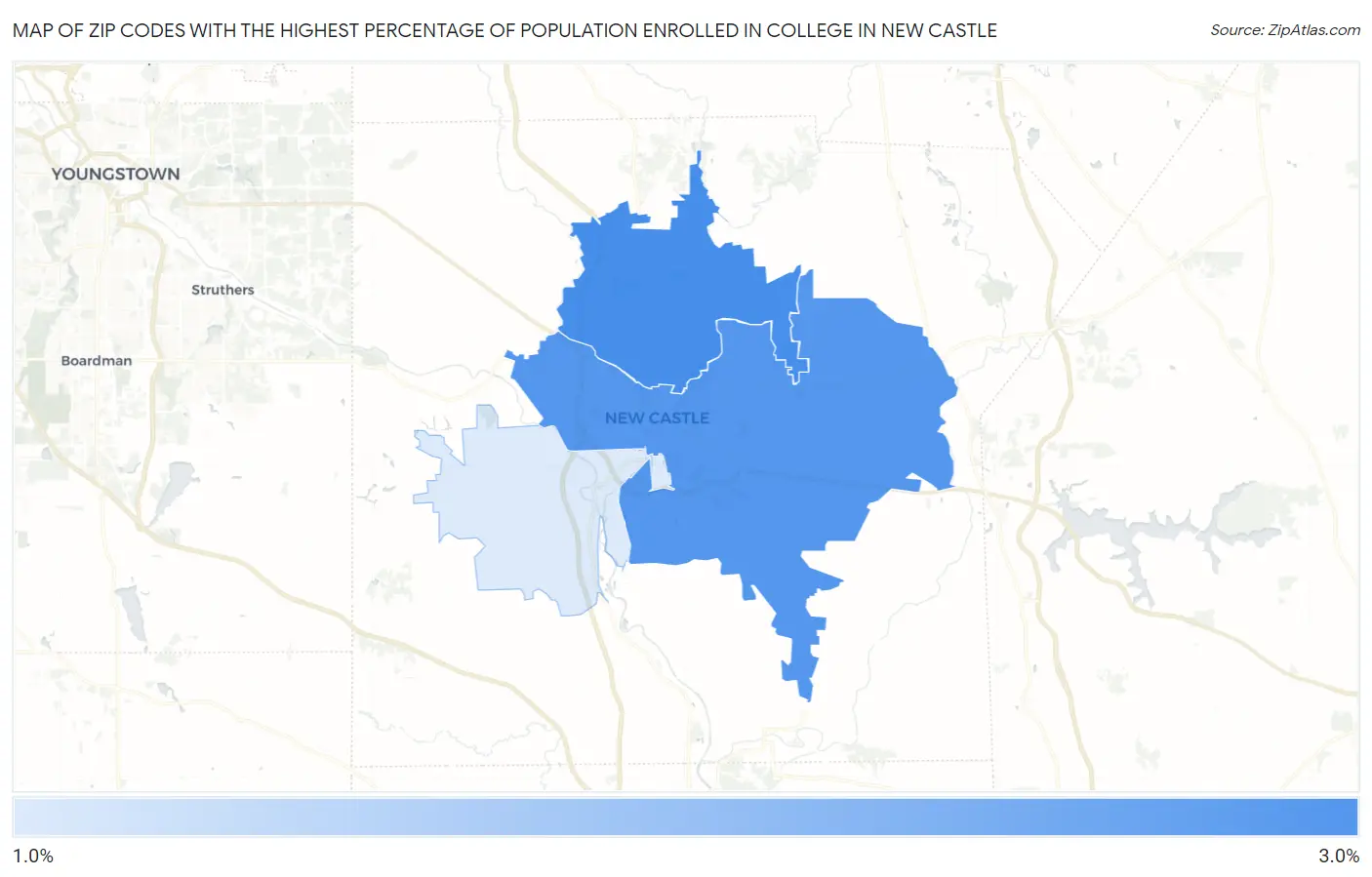 Zip Codes with the Highest Percentage of Population Enrolled in College in New Castle Map