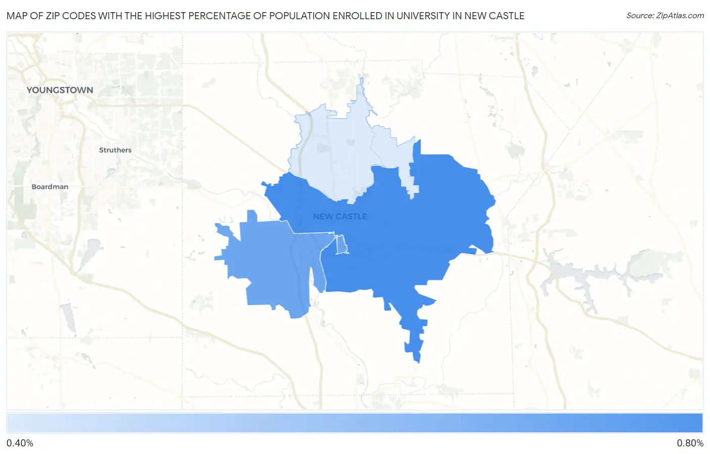 Zip Codes with the Highest Percentage of Population Enrolled in University in New Castle Map