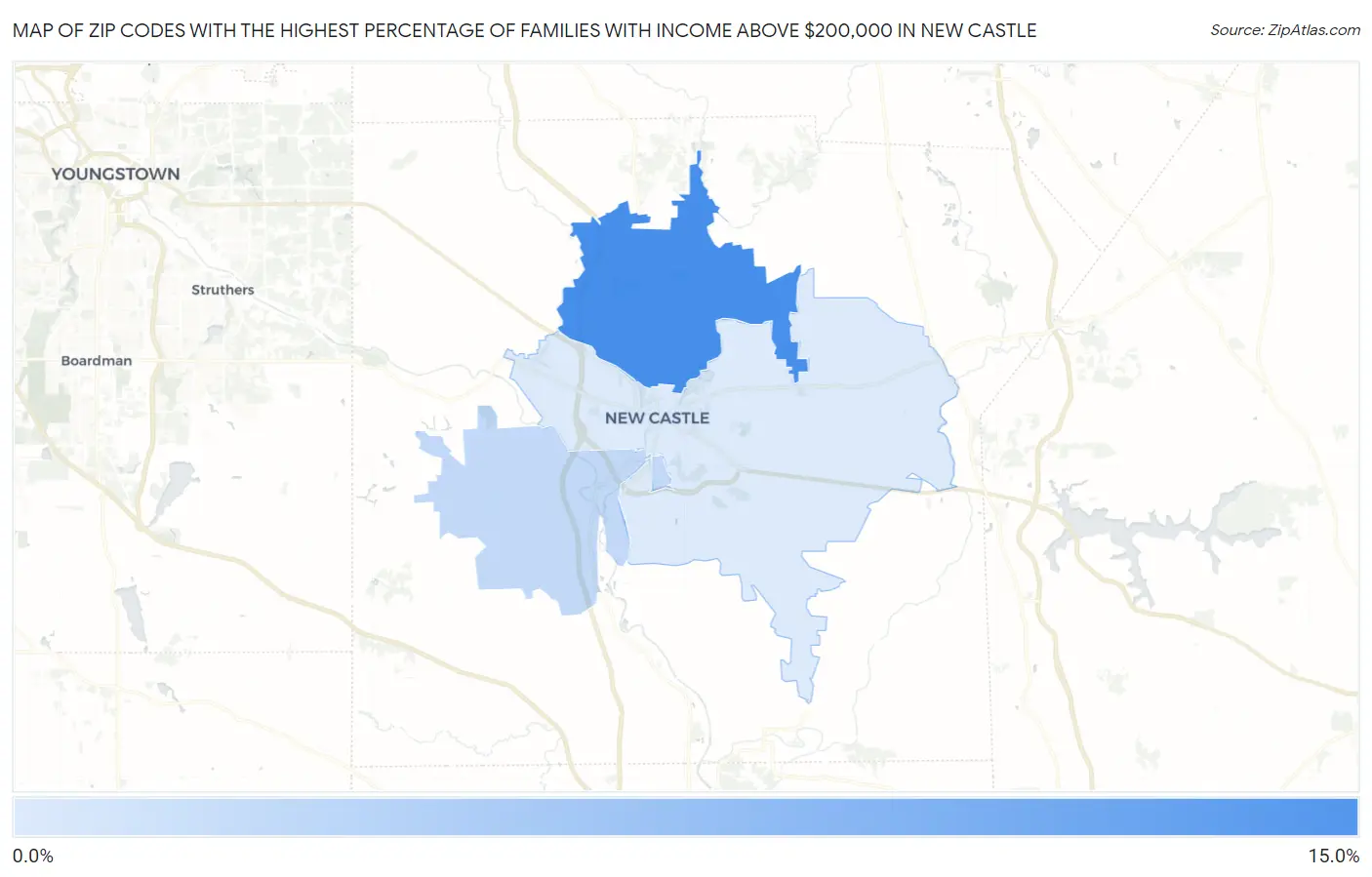 Zip Codes with the Highest Percentage of Families with Income Above $200,000 in New Castle Map