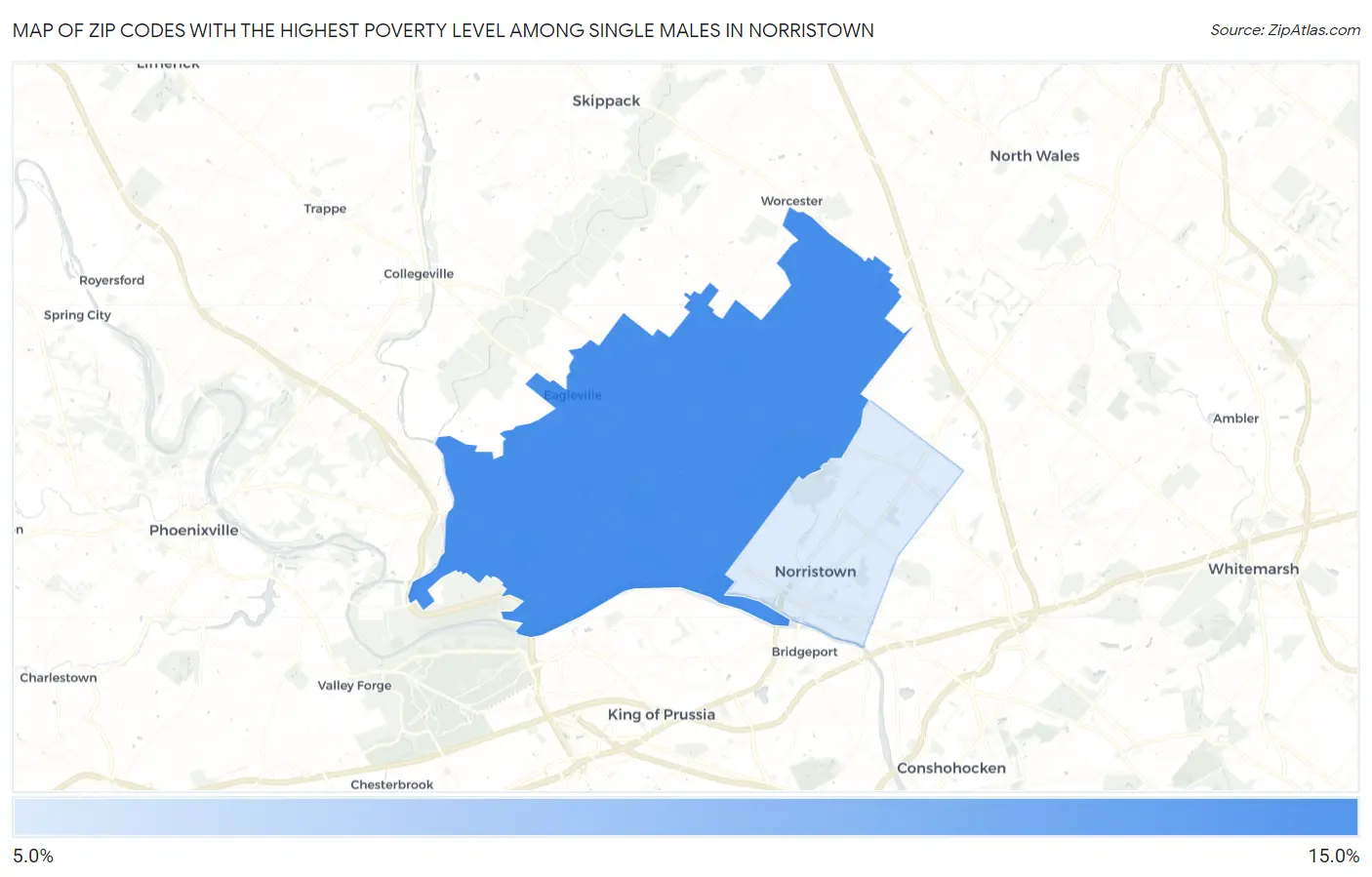 Zip Codes with the Highest Poverty Level Among Single Males in Norristown Map