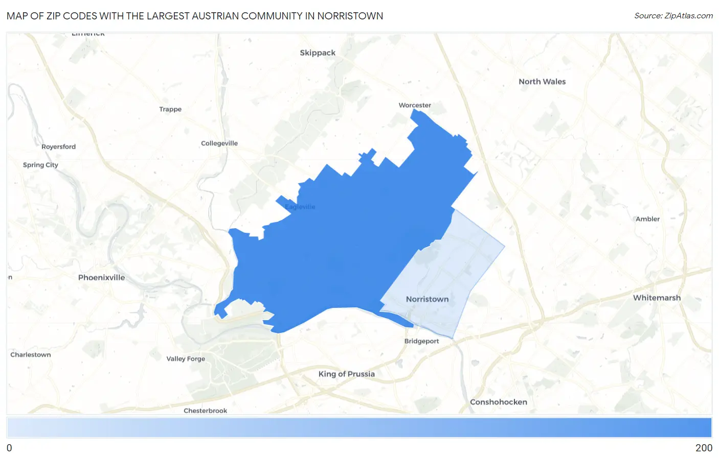 Zip Codes with the Largest Austrian Community in Norristown Map