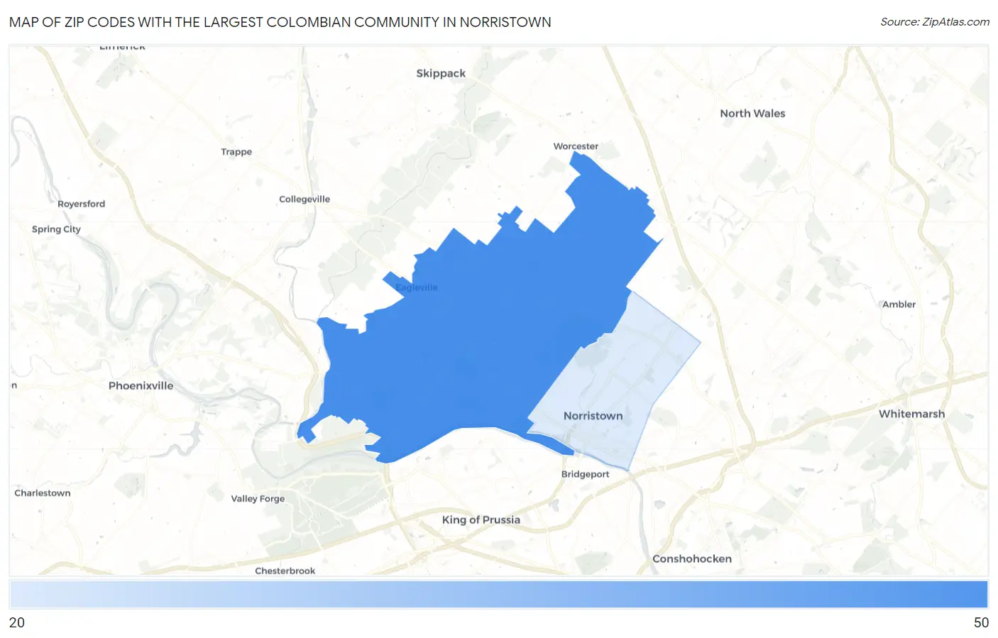 Zip Codes with the Largest Colombian Community in Norristown Map
