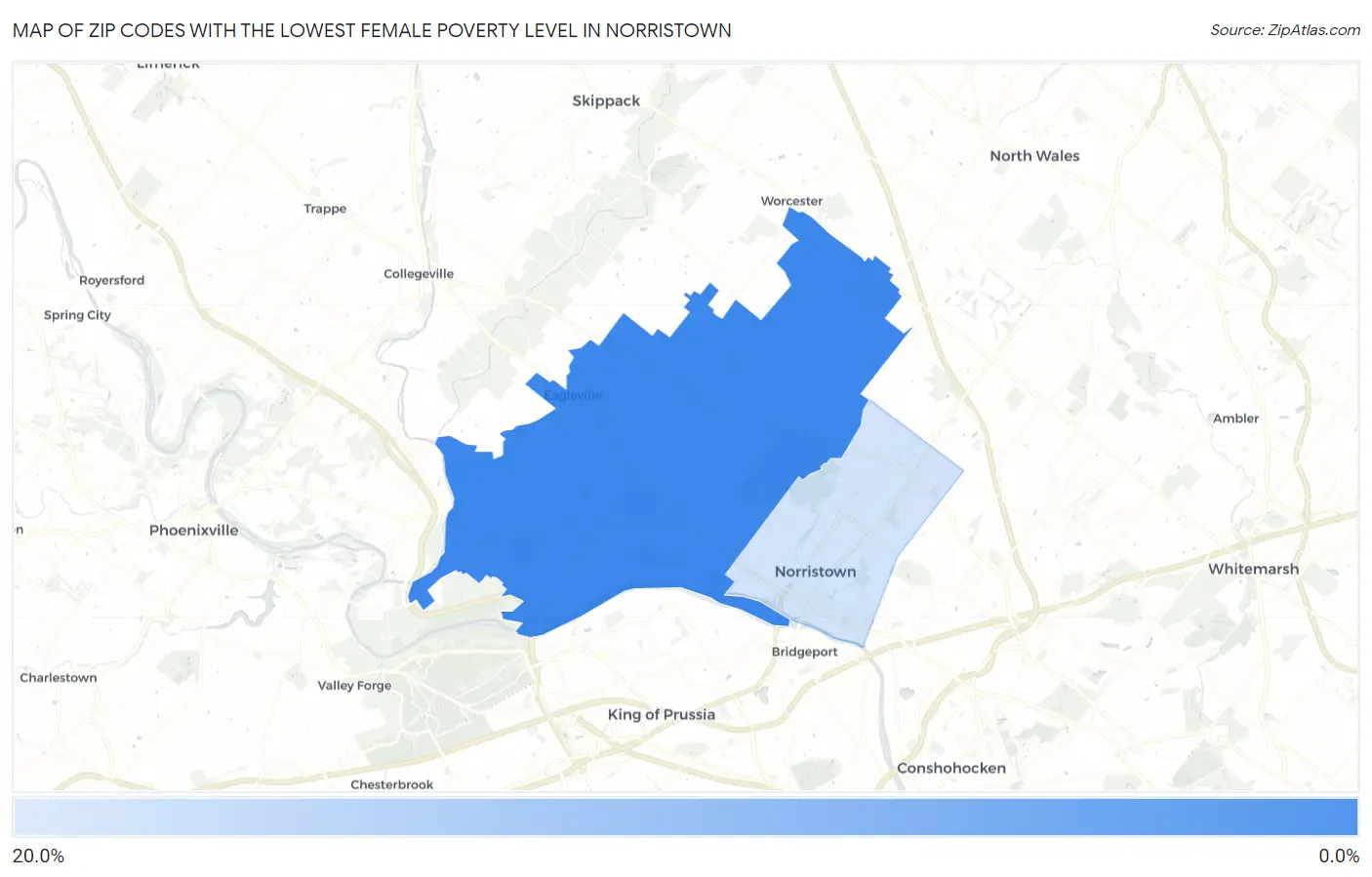 Zip Codes with the Lowest Female Poverty Level in Norristown Map