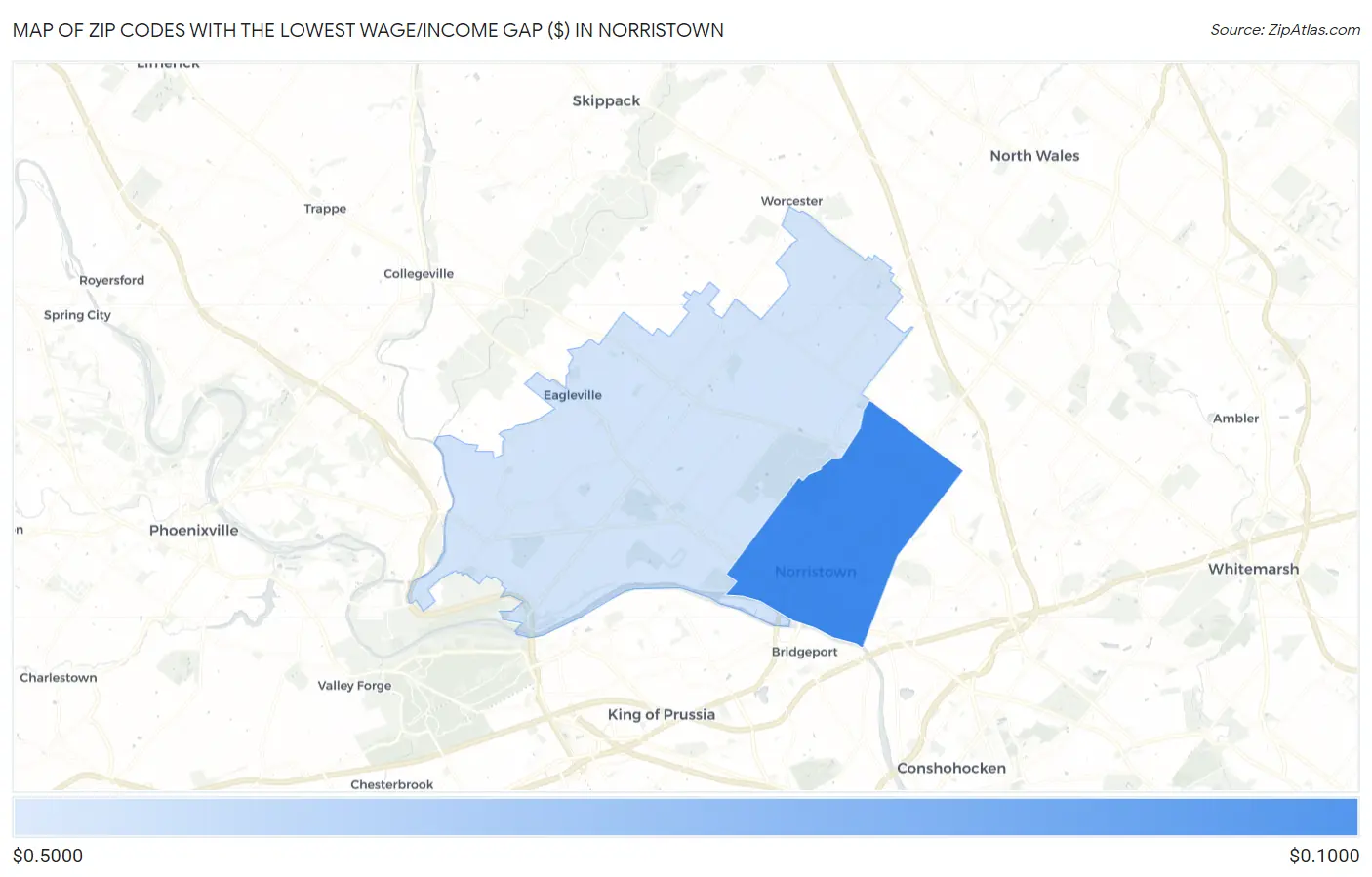 Zip Codes with the Lowest Wage/Income Gap ($) in Norristown Map