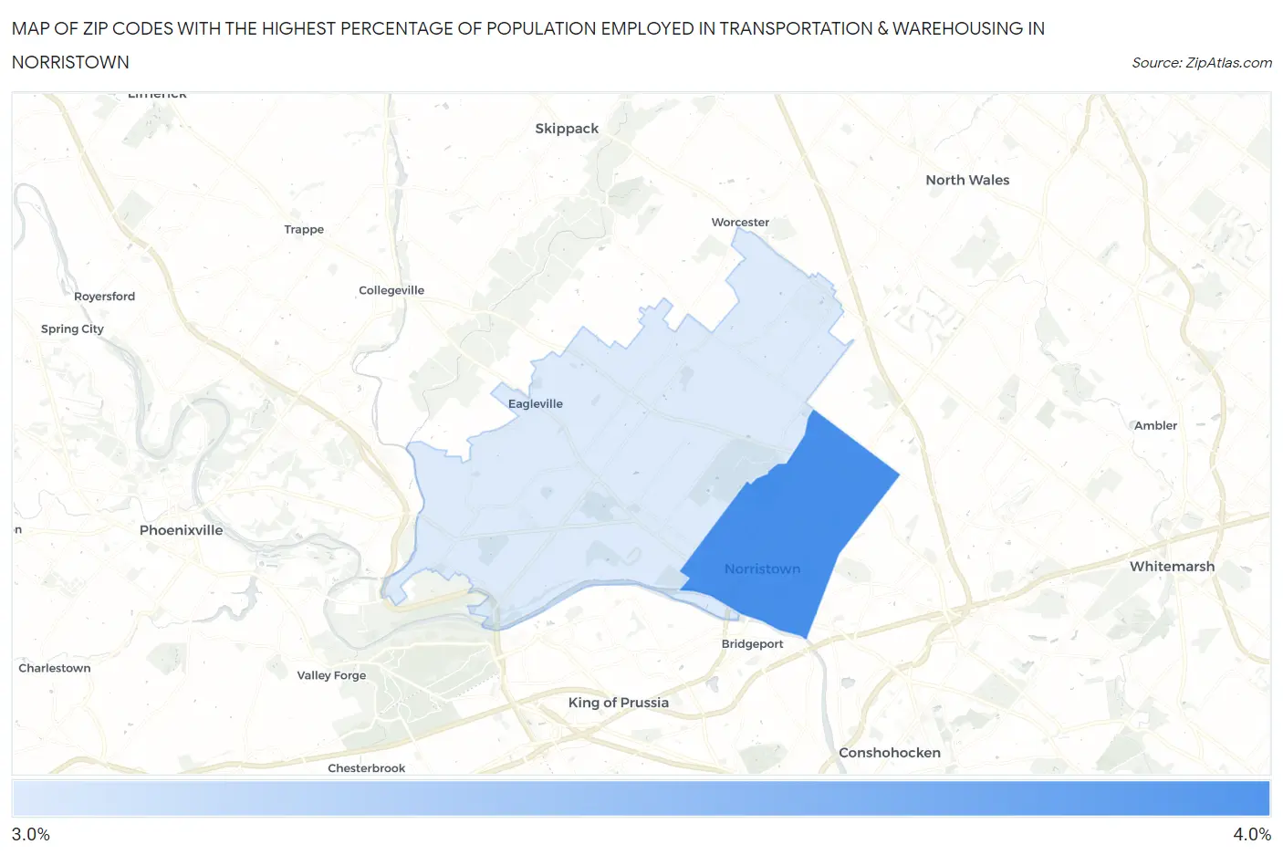 Zip Codes with the Highest Percentage of Population Employed in Transportation & Warehousing in Norristown Map