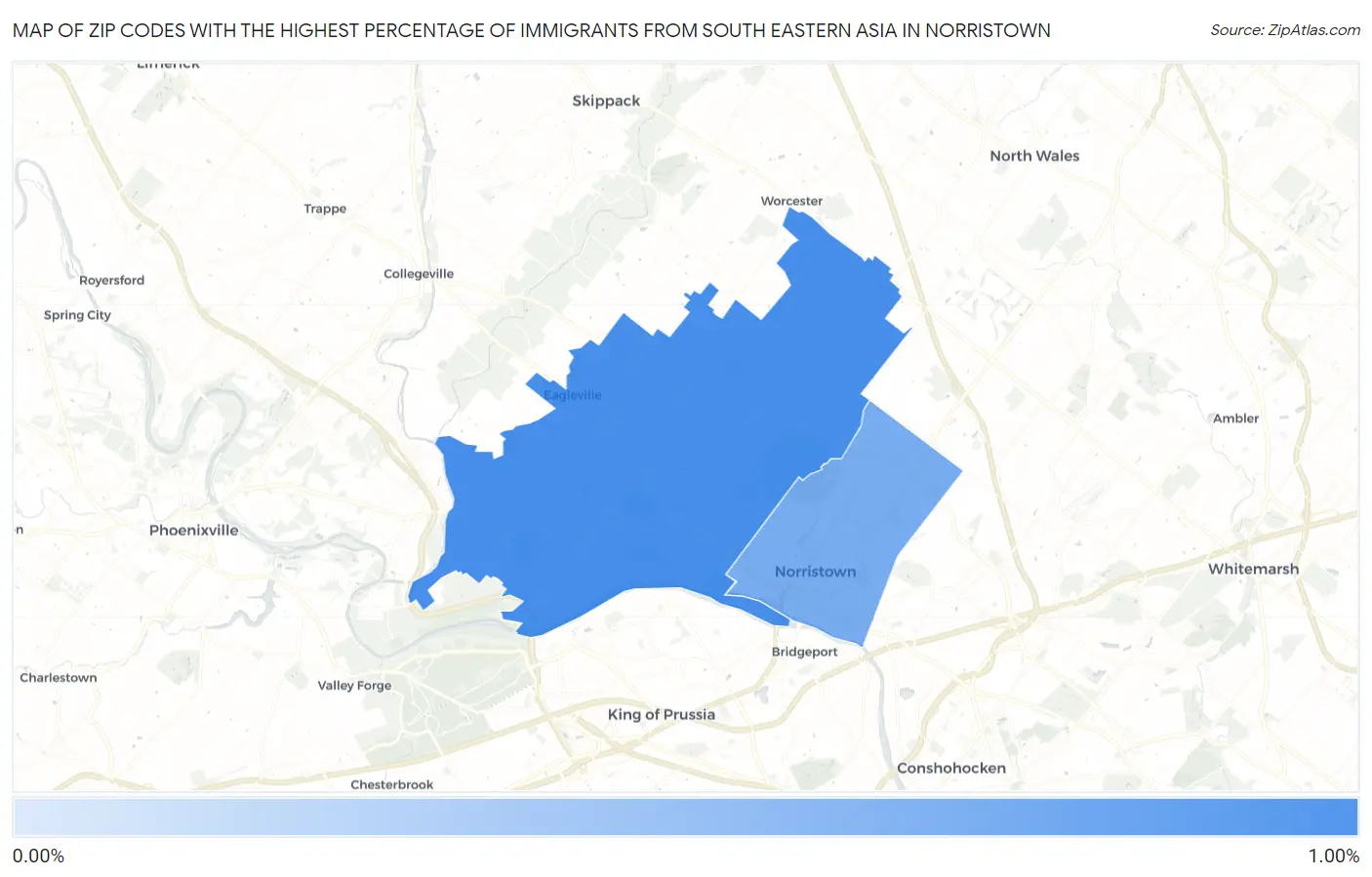 Zip Codes with the Highest Percentage of Immigrants from South Eastern Asia in Norristown Map