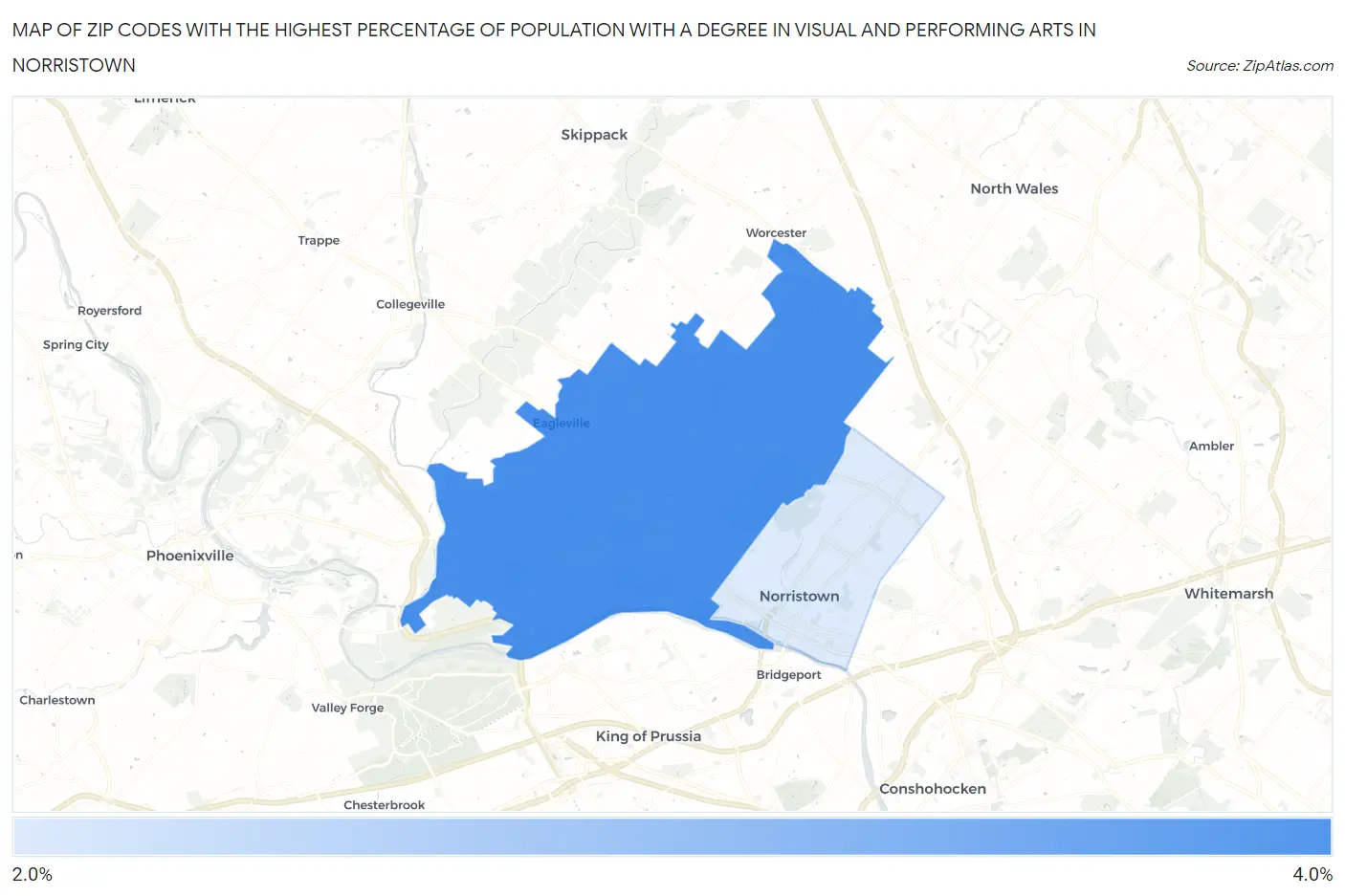 Zip Codes with the Highest Percentage of Population with a Degree in Visual and Performing Arts in Norristown Map