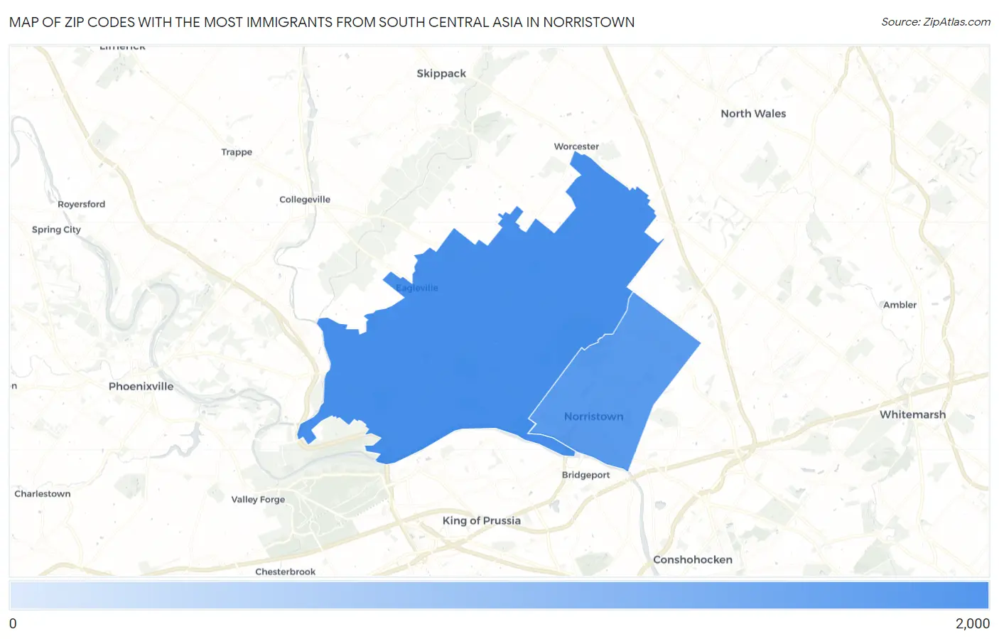 Zip Codes with the Most Immigrants from South Central Asia in Norristown Map