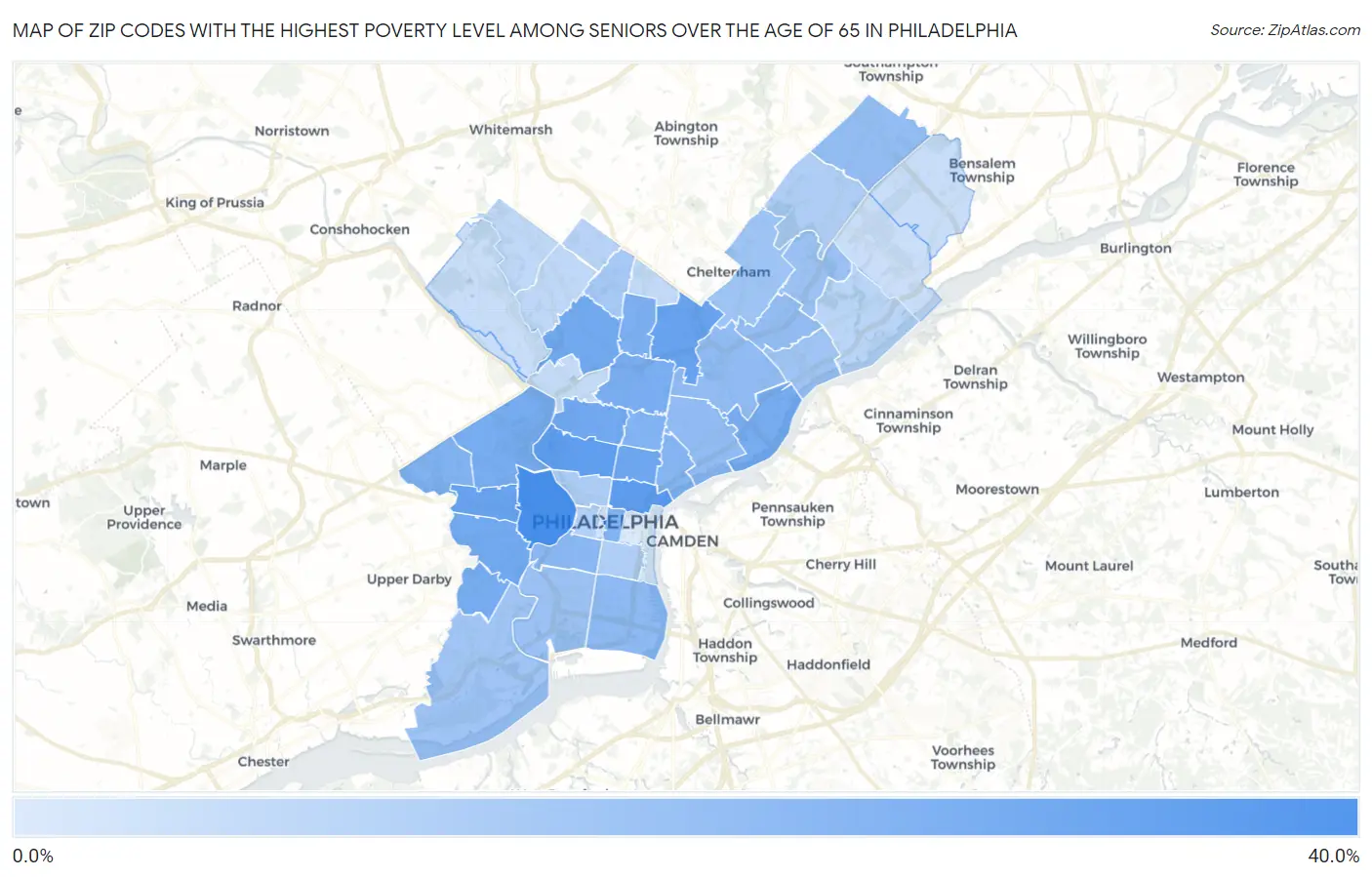 Zip Codes with the Highest Poverty Level Among Seniors Over the Age of 65 in Philadelphia Map