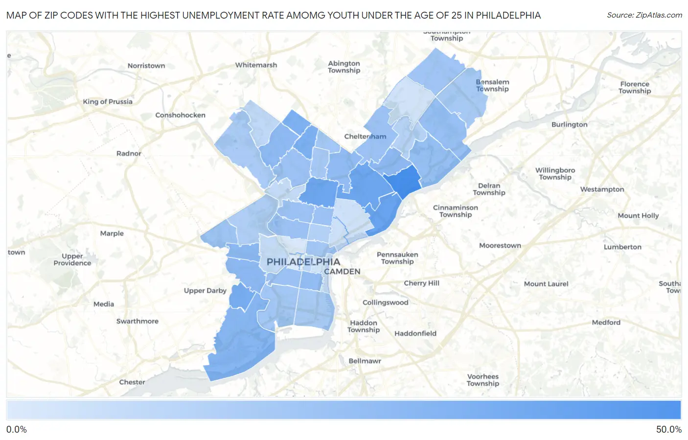 Zip Codes with the Highest Unemployment Rate Amomg Youth Under the Age of 25 in Philadelphia Map