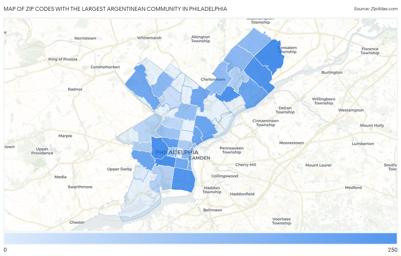 Zip Codes with the Largest Argentinean Community in Philadelphia Map