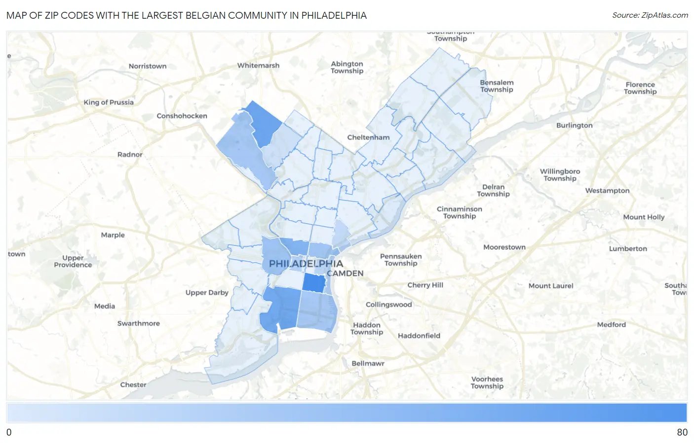 Zip Codes with the Largest Belgian Community in Philadelphia Map