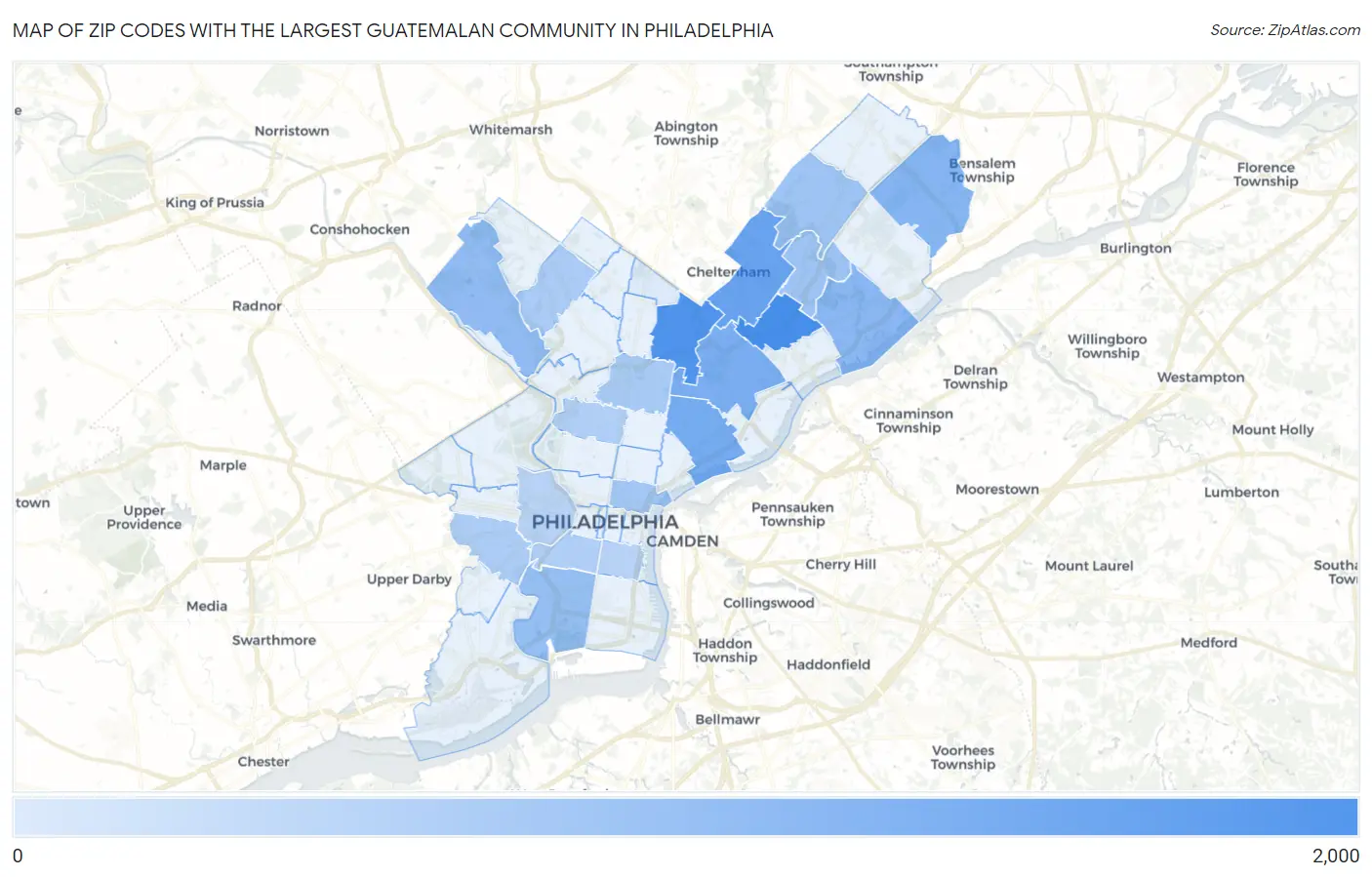Zip Codes with the Largest Guatemalan Community in Philadelphia Map