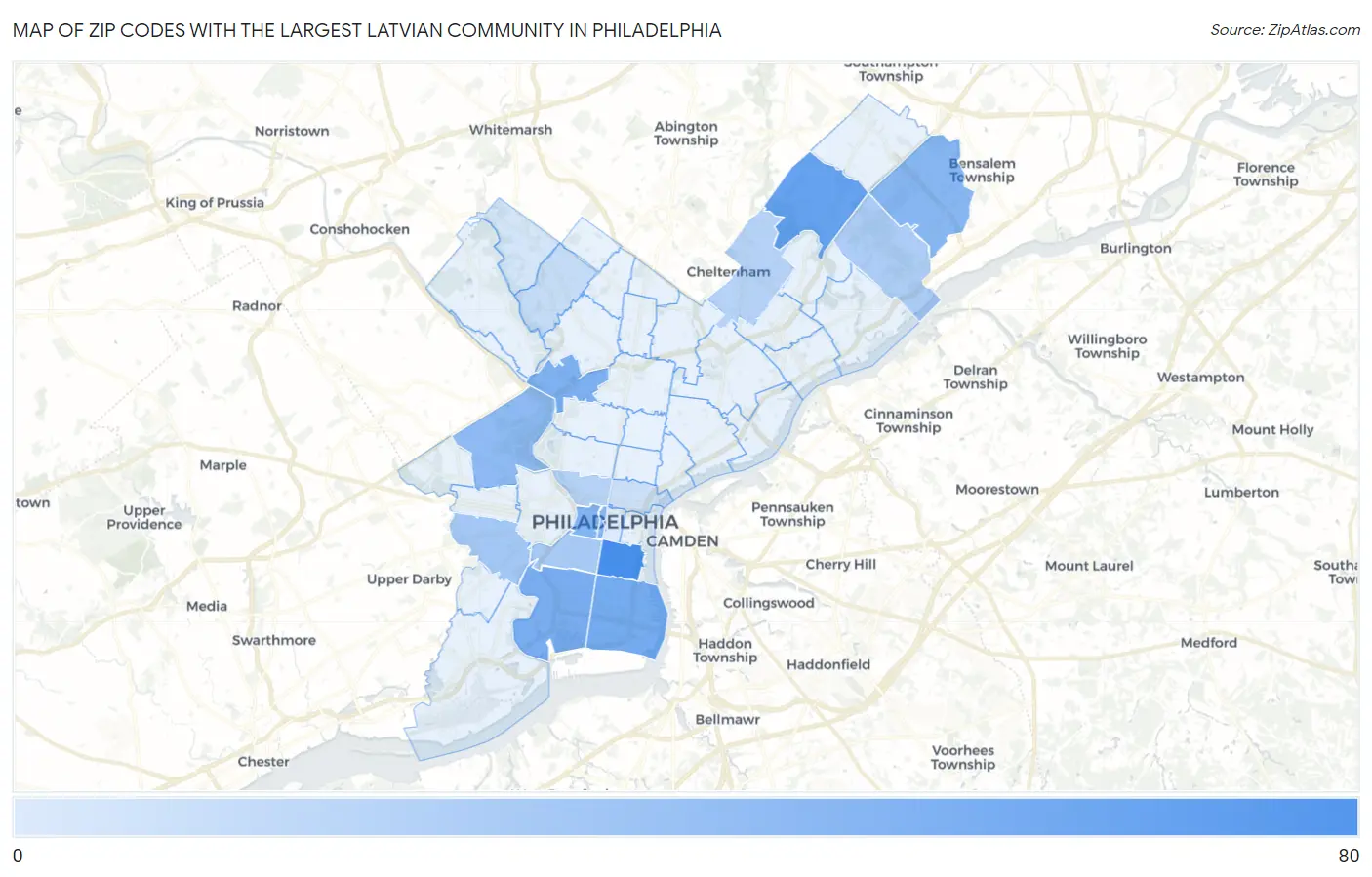 Zip Codes with the Largest Latvian Community in Philadelphia Map