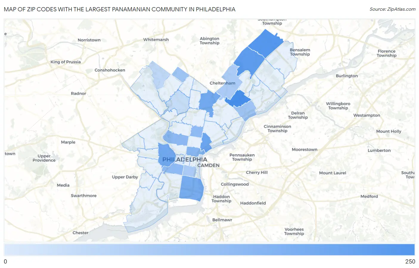 Zip Codes with the Largest Panamanian Community in Philadelphia Map