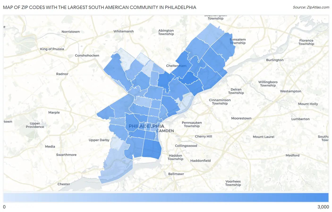 Zip Codes with the Largest South American Community in Philadelphia Map