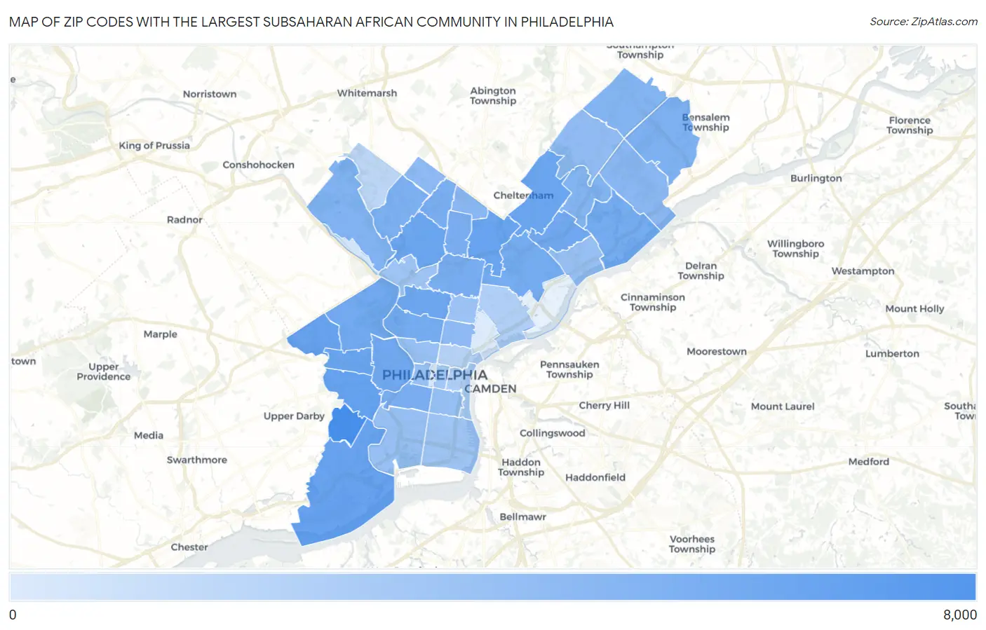 Zip Codes with the Largest Subsaharan African Community in Philadelphia Map