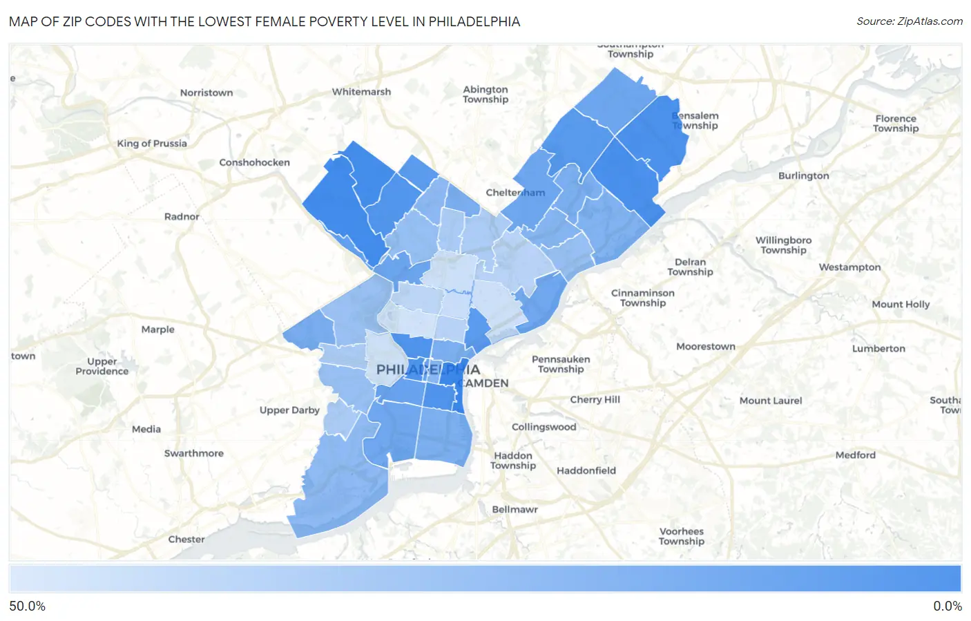 Zip Codes with the Lowest Female Poverty Level in Philadelphia Map