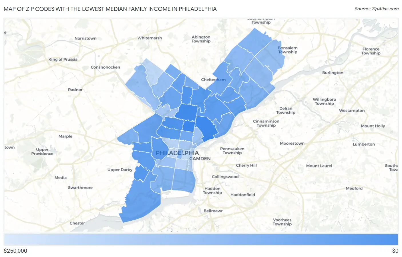 Zip Codes with the Lowest Median Family Income in Philadelphia Map