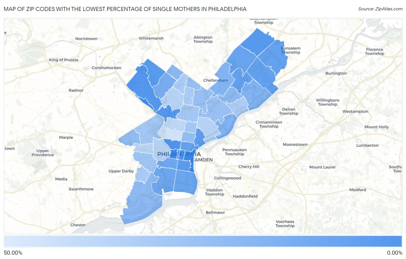 Zip Codes with the Lowest Percentage of Single Mothers in Philadelphia Map