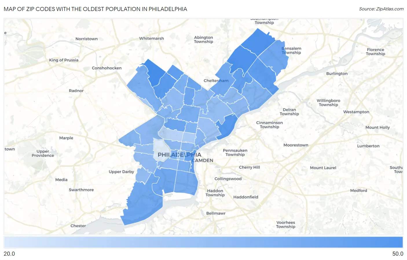 Zip Codes with the Oldest Population in Philadelphia Map