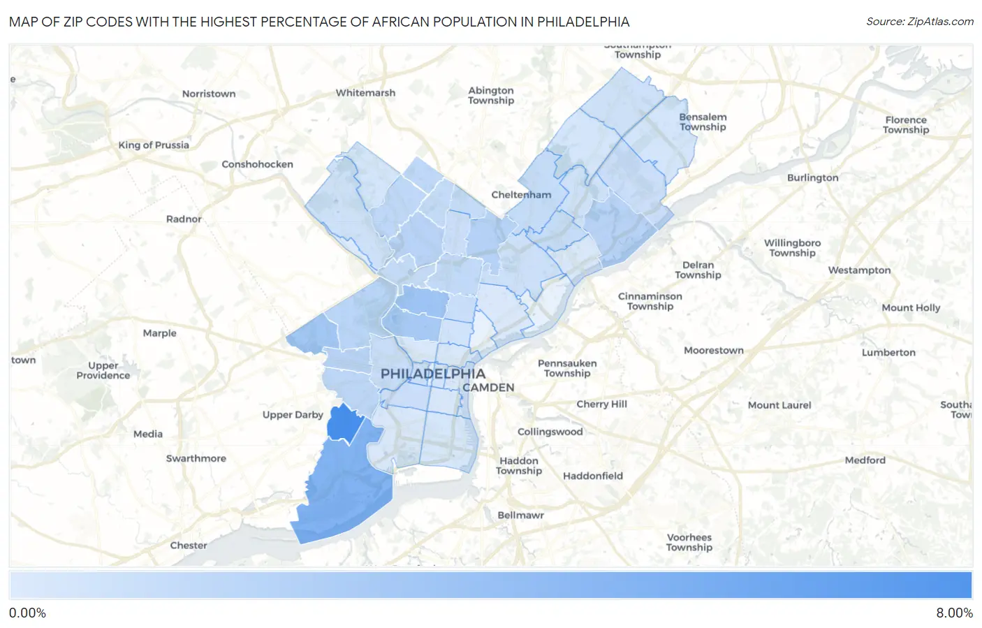 Zip Codes with the Highest Percentage of African Population in Philadelphia Map