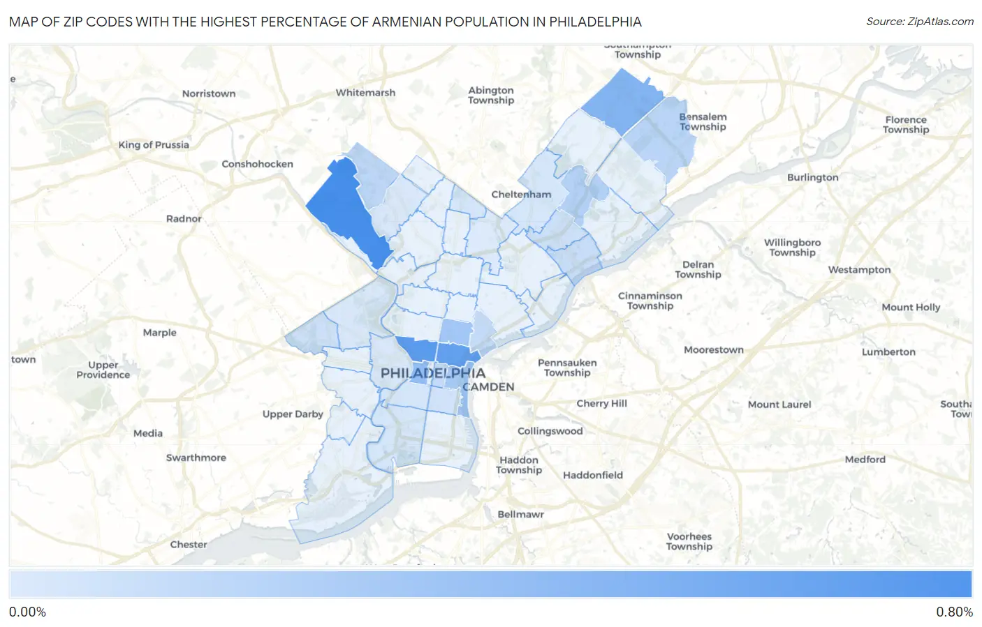 Zip Codes with the Highest Percentage of Armenian Population in Philadelphia Map