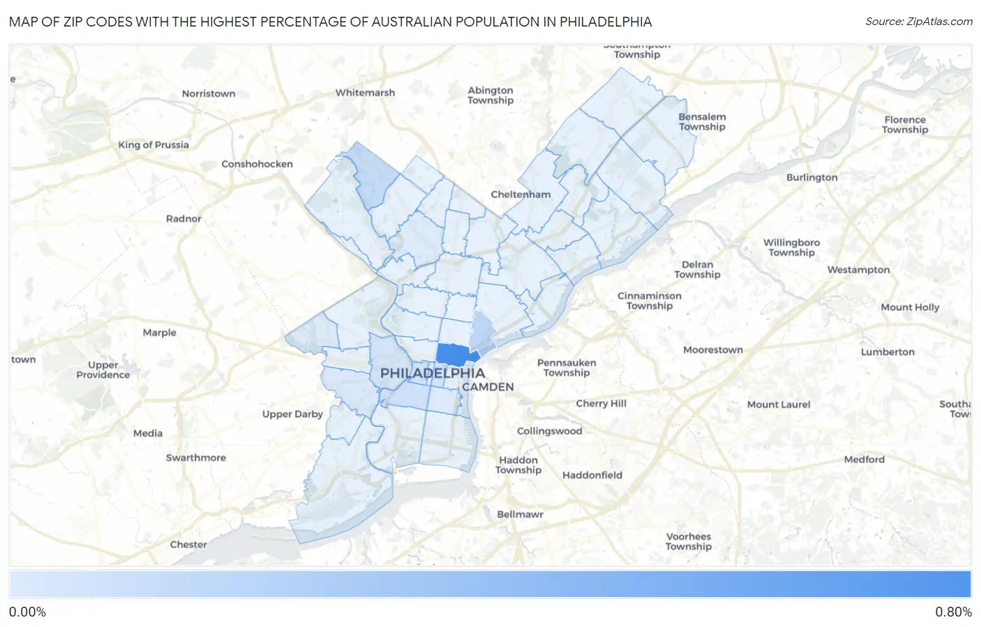 Zip Codes with the Highest Percentage of Australian Population in Philadelphia Map