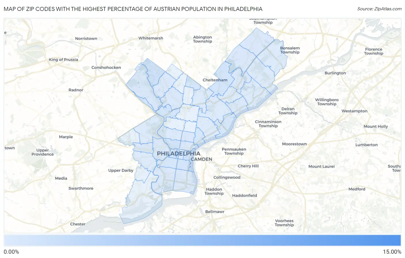 Zip Codes with the Highest Percentage of Austrian Population in Philadelphia Map