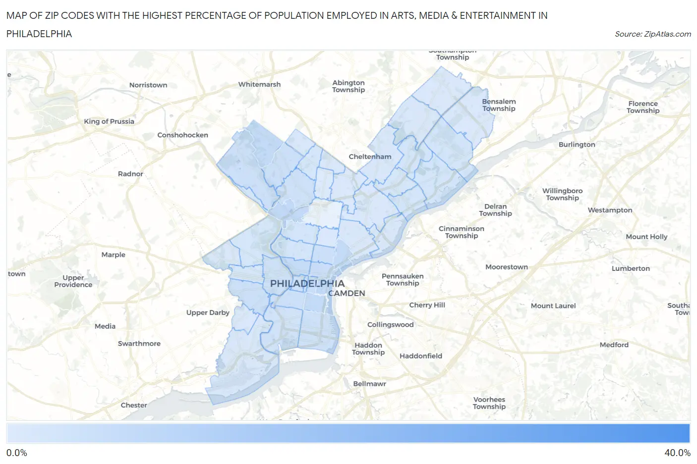 Zip Codes with the Highest Percentage of Population Employed in Arts, Media & Entertainment in Philadelphia Map