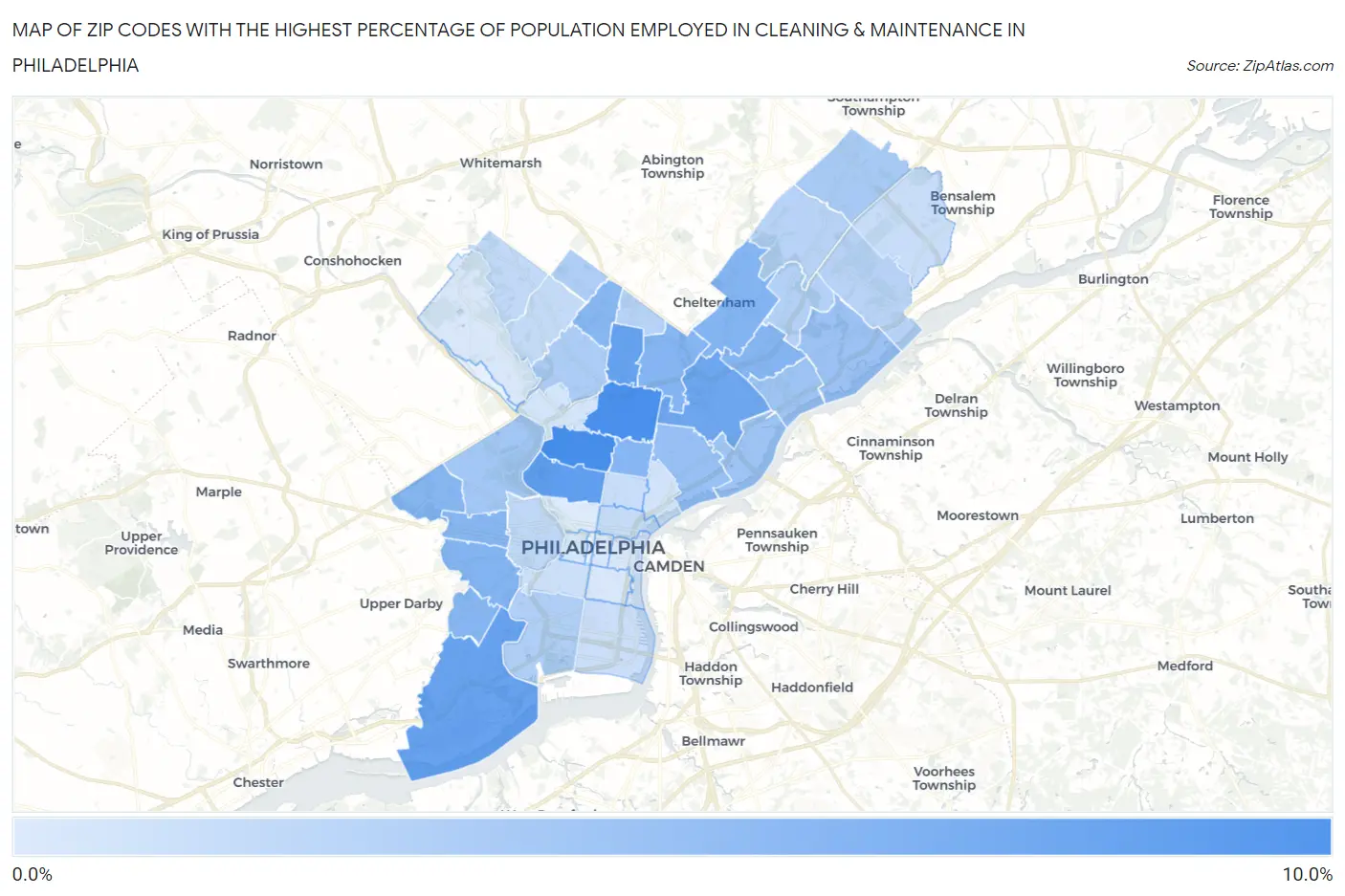 Zip Codes with the Highest Percentage of Population Employed in Cleaning & Maintenance in Philadelphia Map