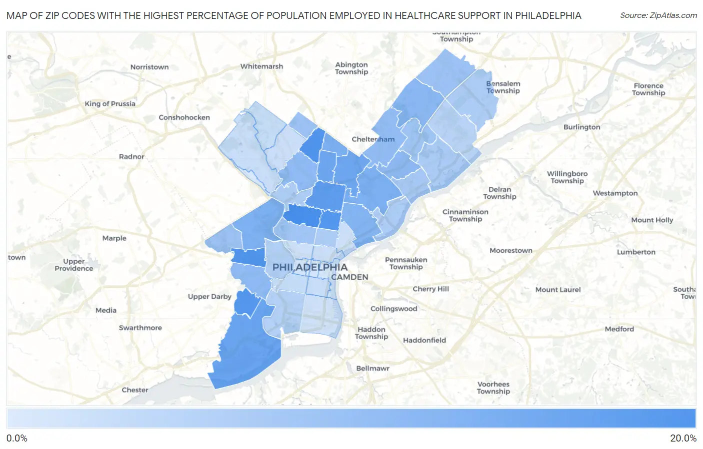 Zip Codes with the Highest Percentage of Population Employed in Healthcare Support in Philadelphia Map