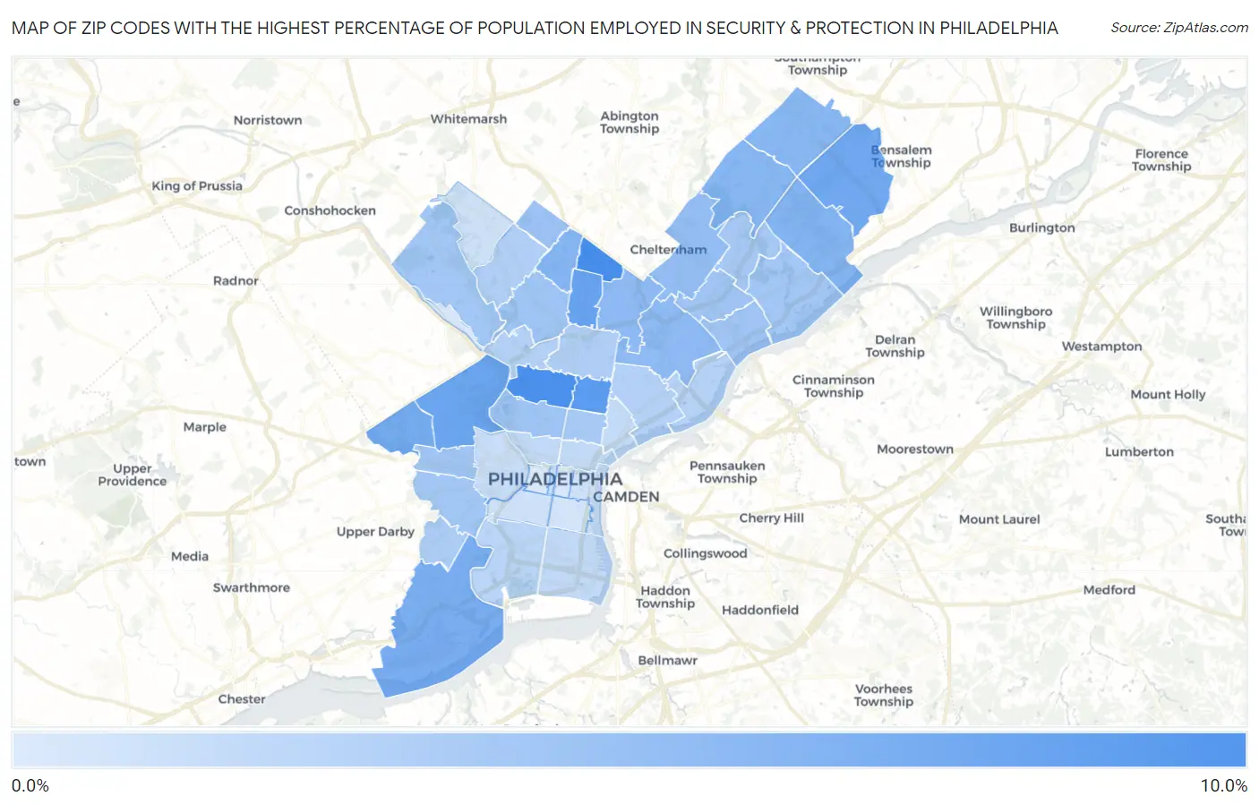 Zip Codes with the Highest Percentage of Population Employed in Security & Protection in Philadelphia Map