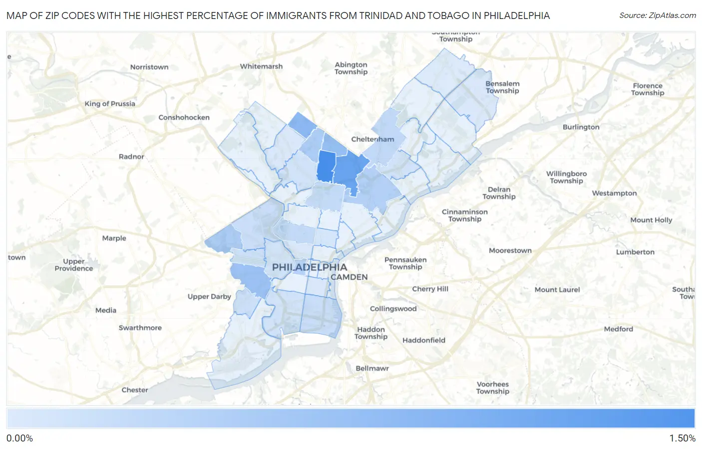 Zip Codes with the Highest Percentage of Immigrants from Trinidad and Tobago in Philadelphia Map