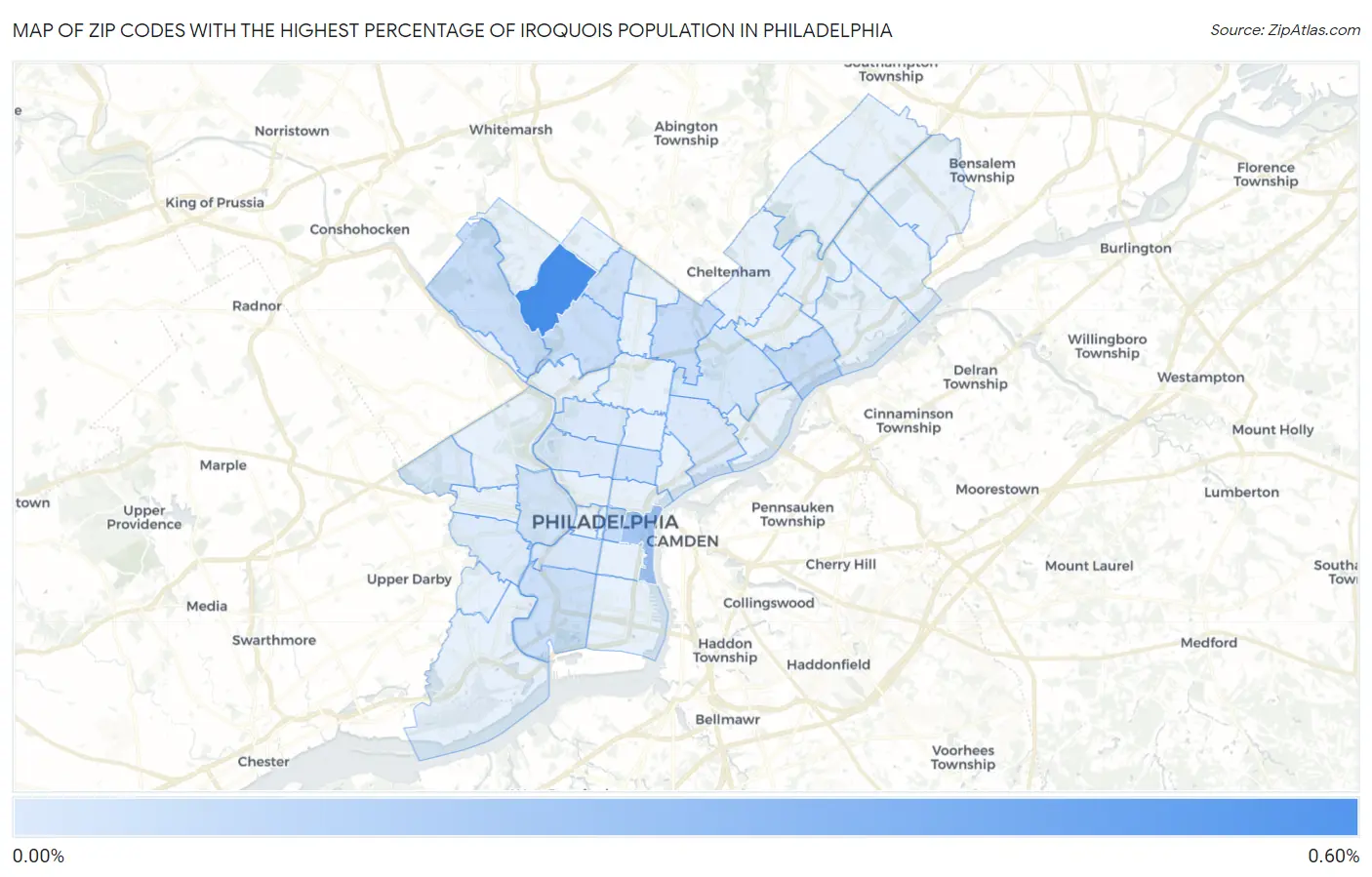 Zip Codes with the Highest Percentage of Iroquois Population in Philadelphia Map