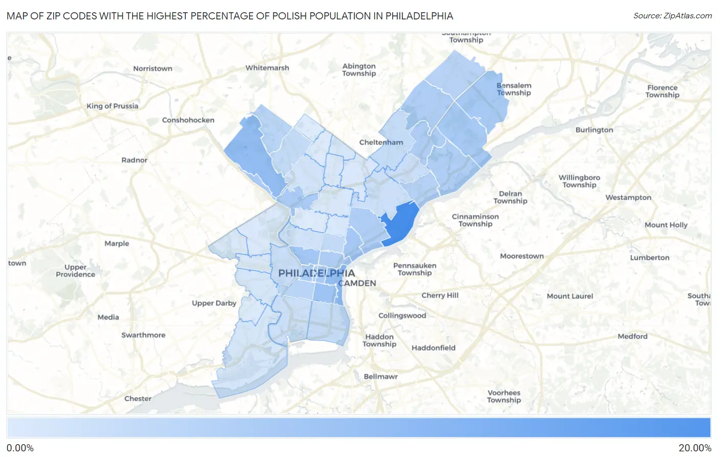 Zip Codes with the Highest Percentage of Polish Population in Philadelphia Map