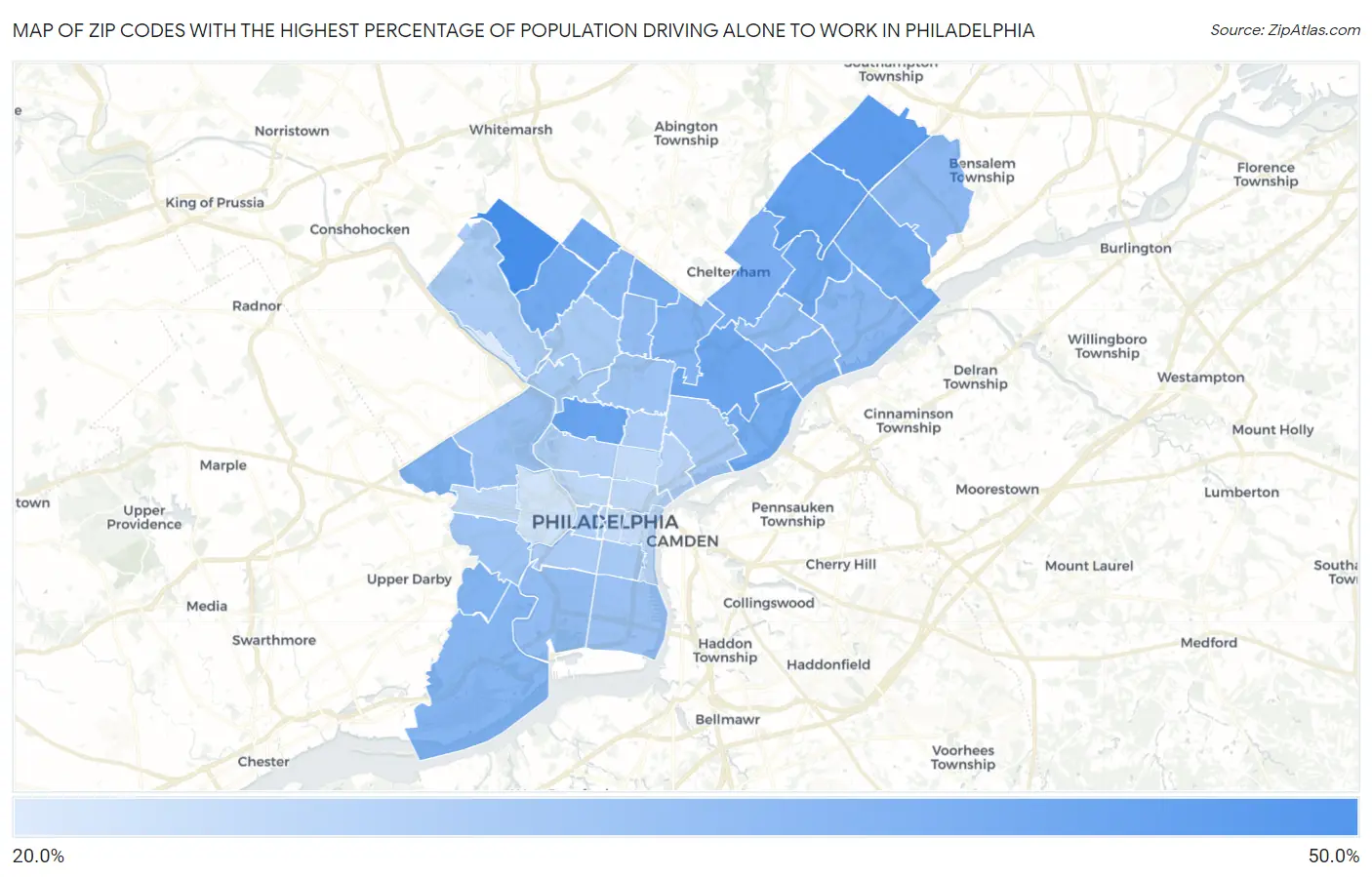 Zip Codes with the Highest Percentage of Population Driving Alone to Work in Philadelphia Map
