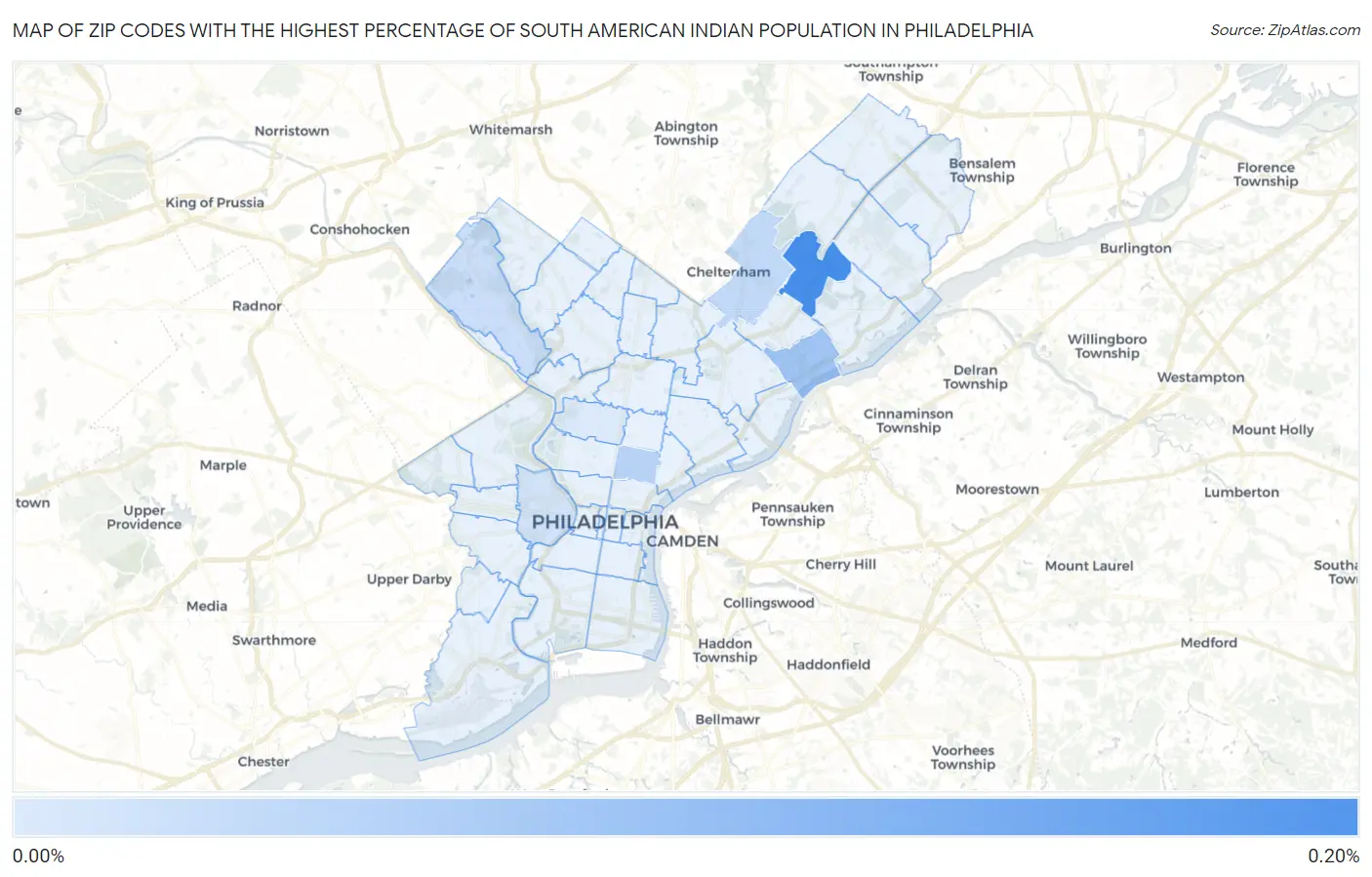 Zip Codes with the Highest Percentage of South American Indian Population in Philadelphia Map