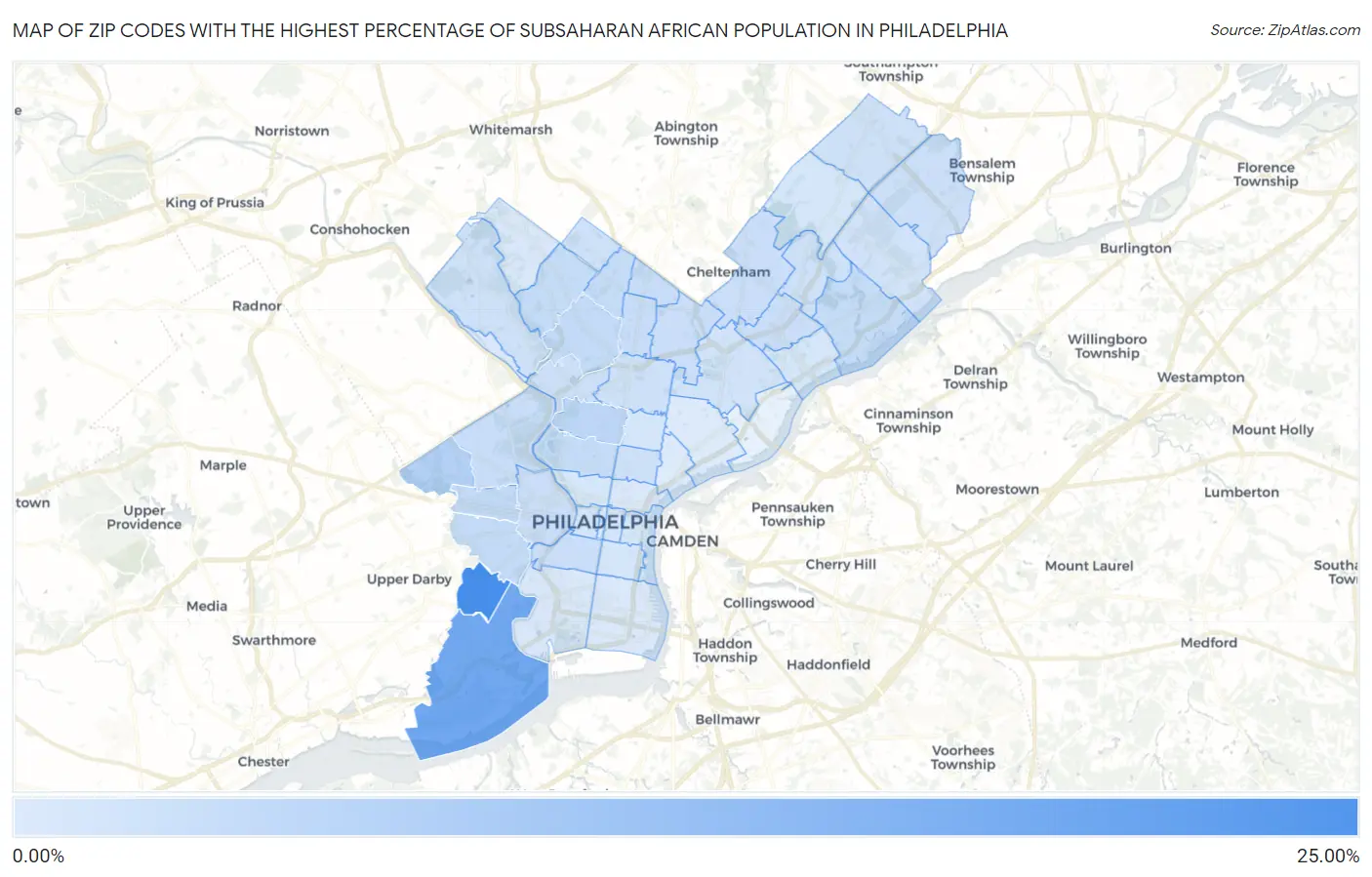 Zip Codes with the Highest Percentage of Subsaharan African Population in Philadelphia Map