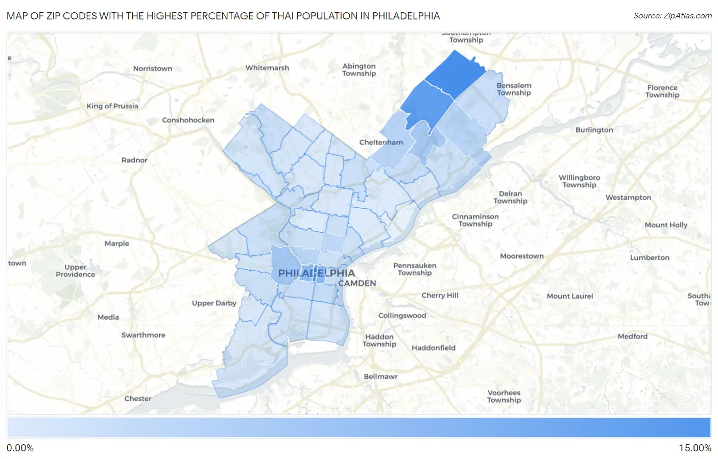 Zip Codes with the Highest Percentage of Thai Population in Philadelphia Map