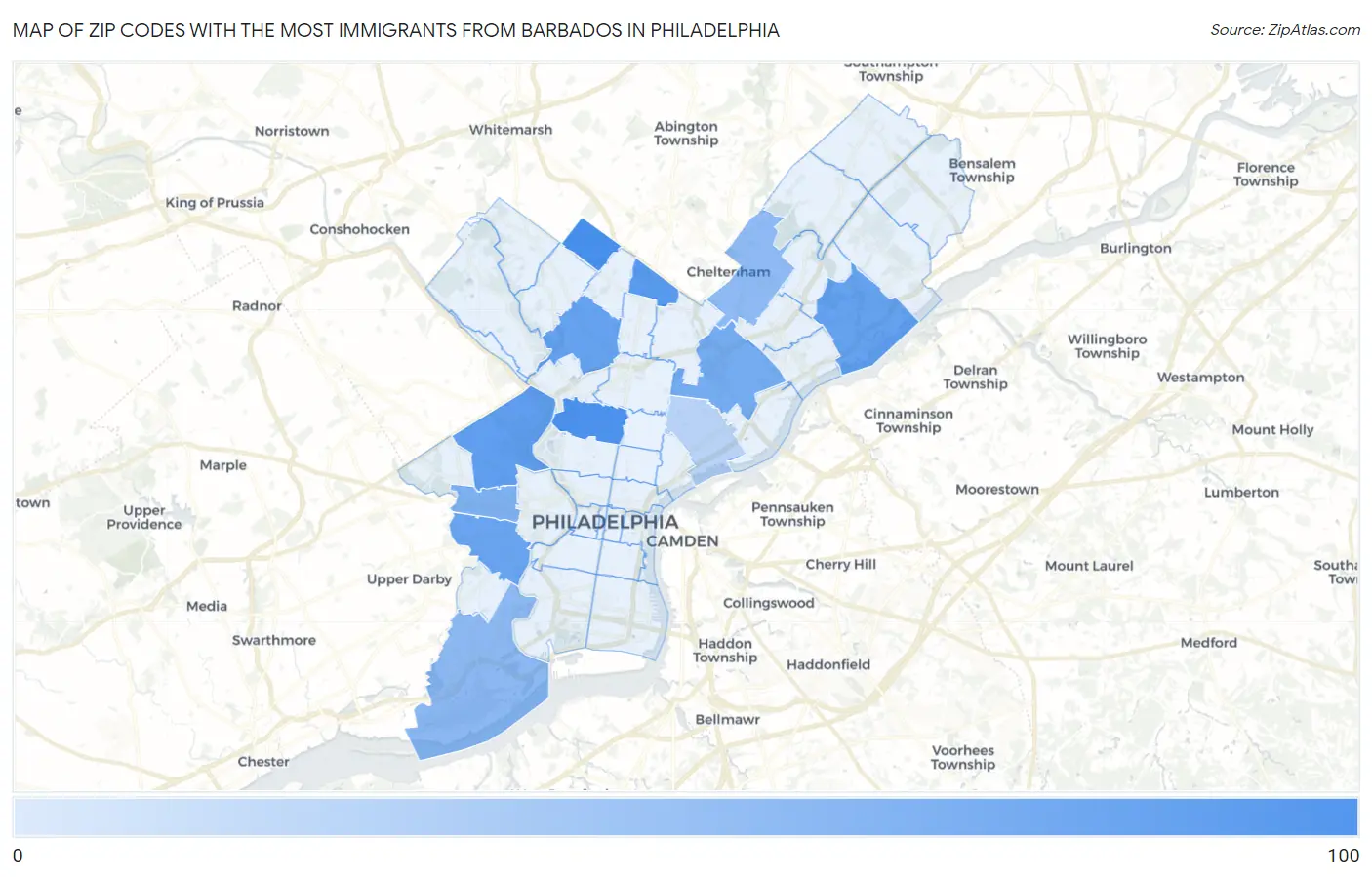 Zip Codes with the Most Immigrants from Barbados in Philadelphia Map