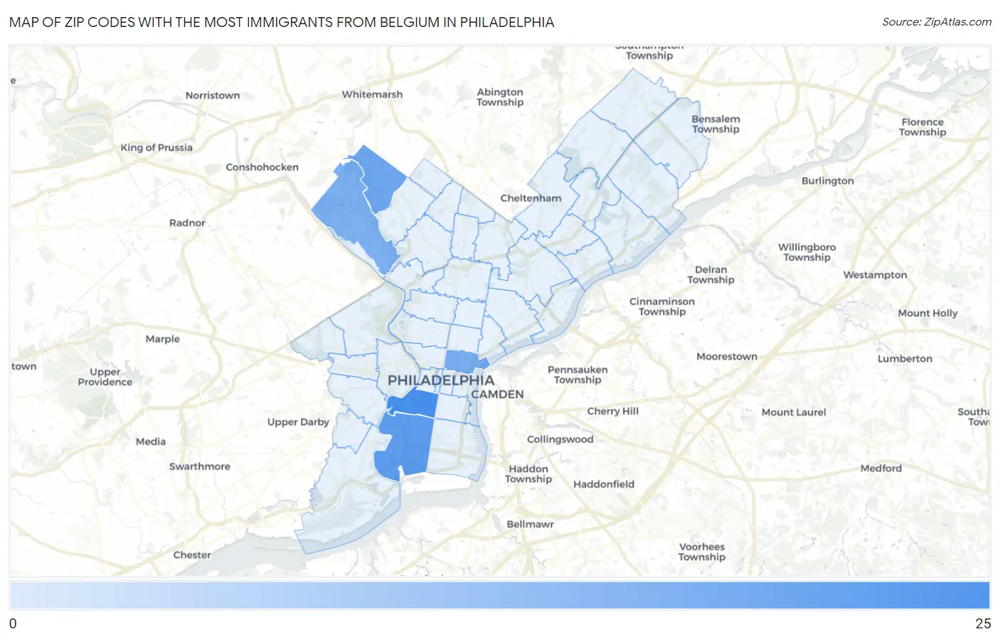 Zip Codes with the Most Immigrants from Belgium in Philadelphia Map