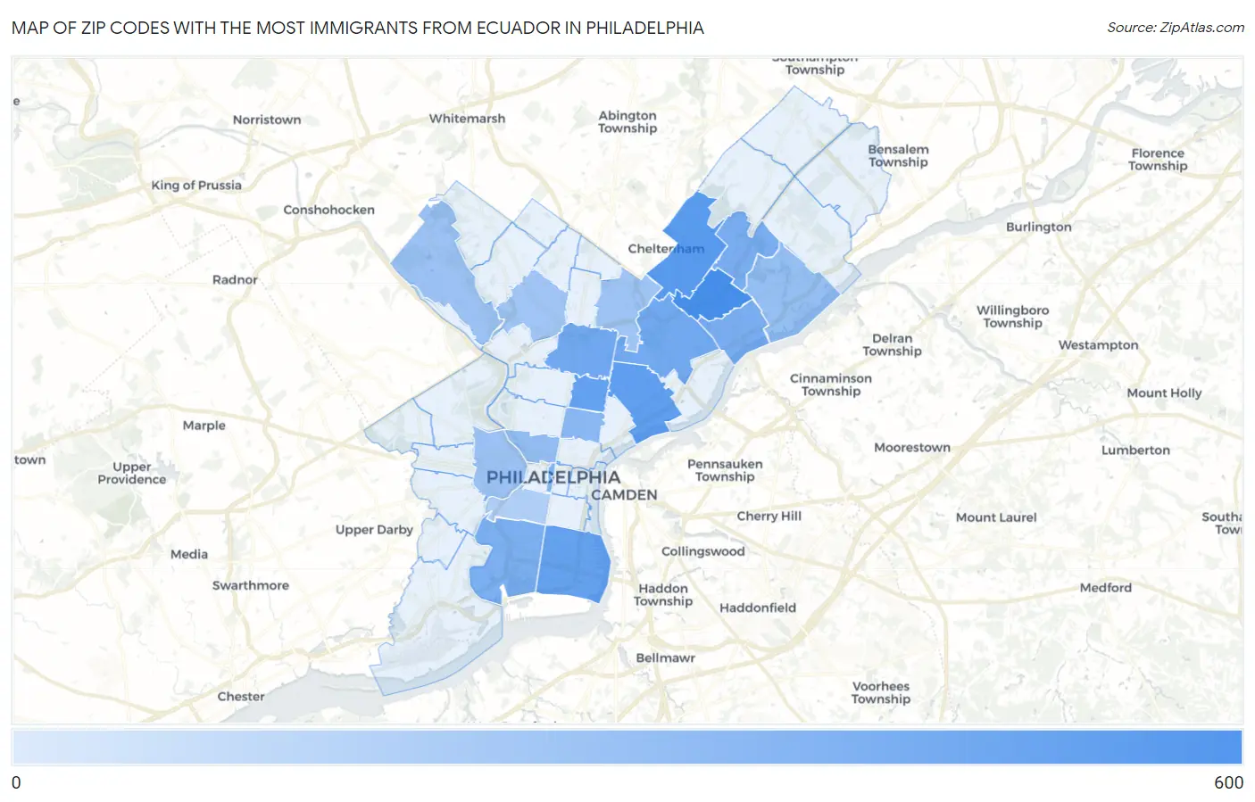 Zip Codes with the Most Immigrants from Ecuador in Philadelphia Map
