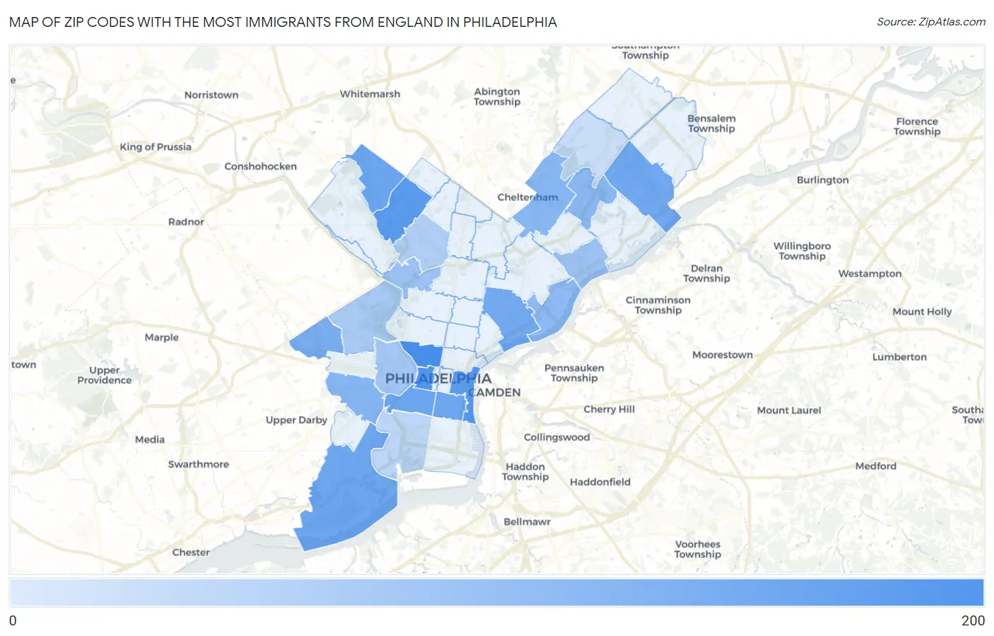 Zip Codes with the Most Immigrants from England in Philadelphia Map