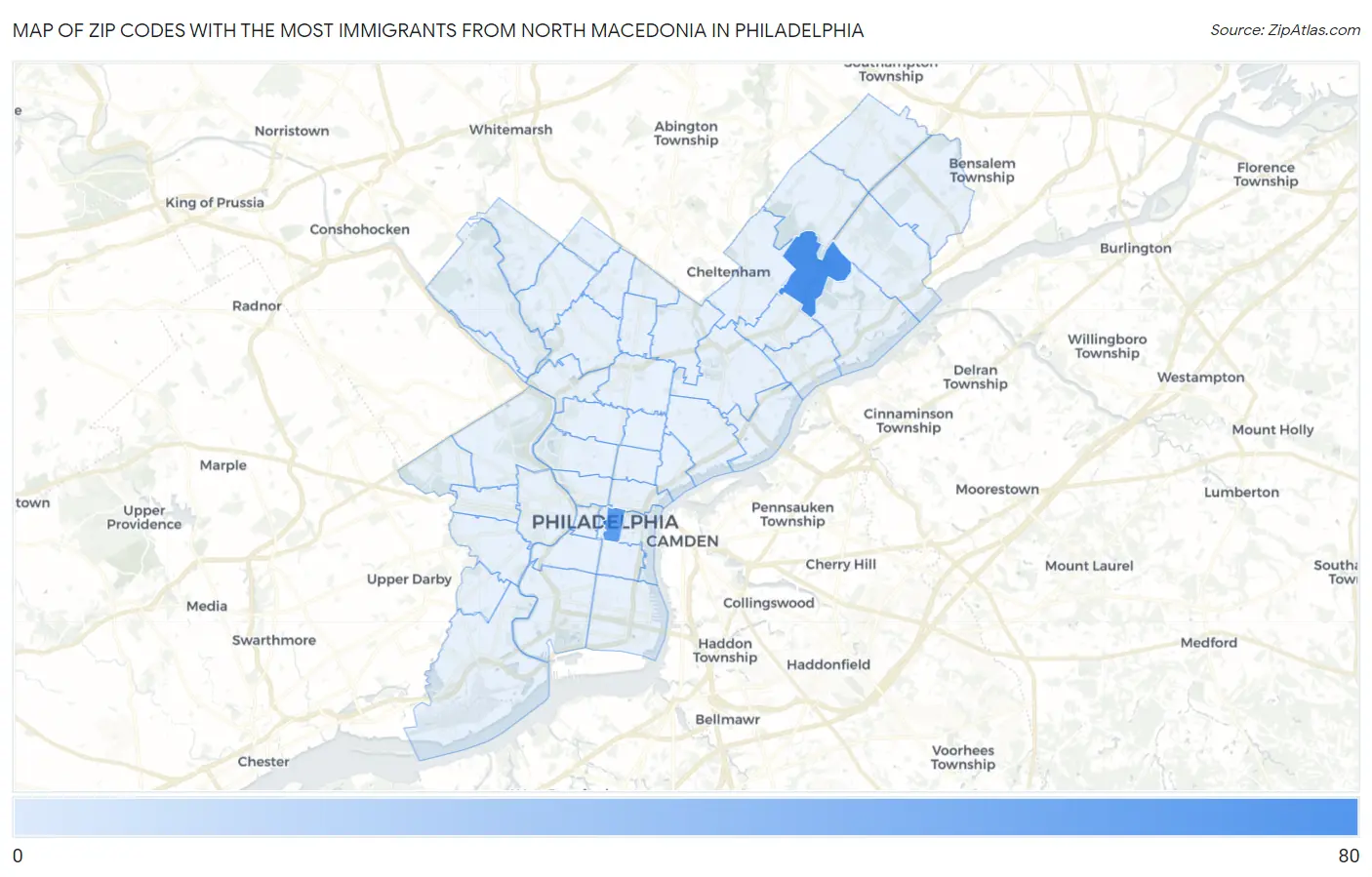Zip Codes with the Most Immigrants from North Macedonia in Philadelphia Map